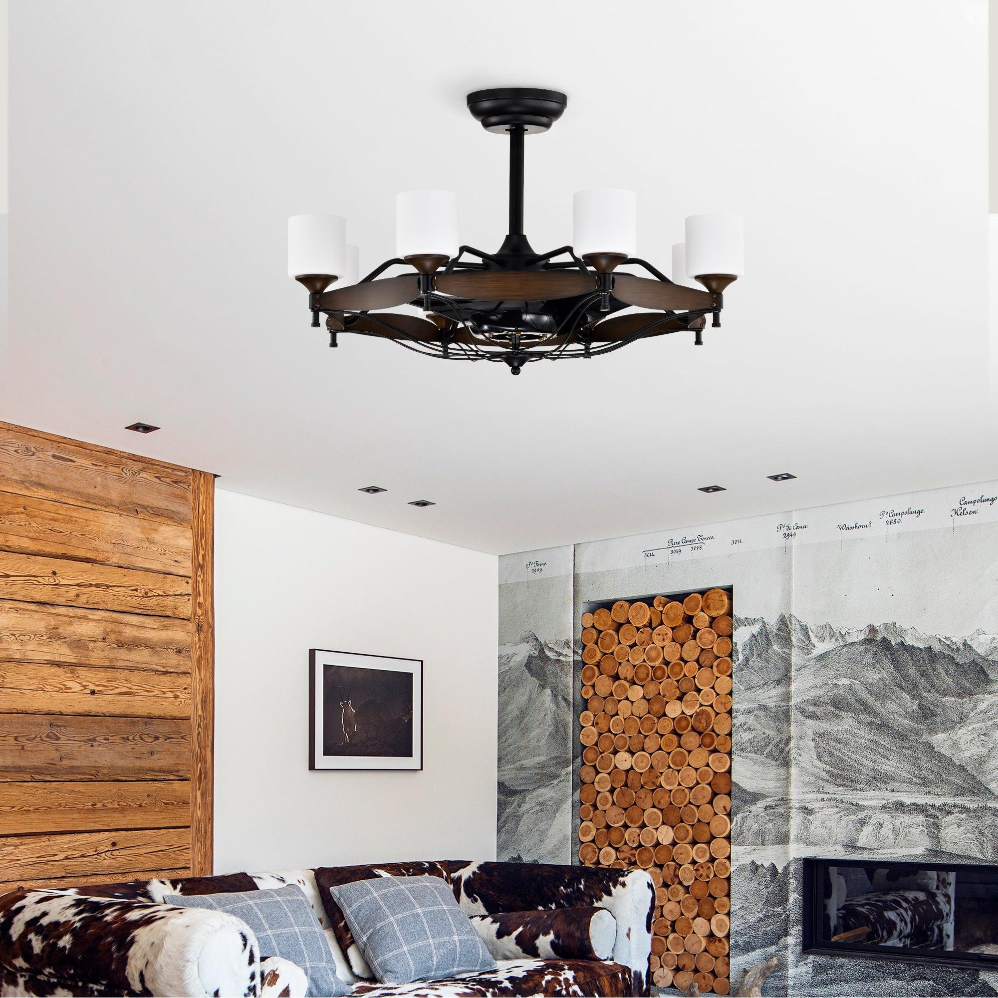 33 Inch Matte Black & Red Wood Grain Chandelier Ceiling Fan with Remote Control - DC Motor, 6 Speed Settings, 3 ABS Blades for Bedroom, Dining Room, Living Room, Kitchen, Farmhouse & Entryway | Perfect for Modern and Rustic Home Decor