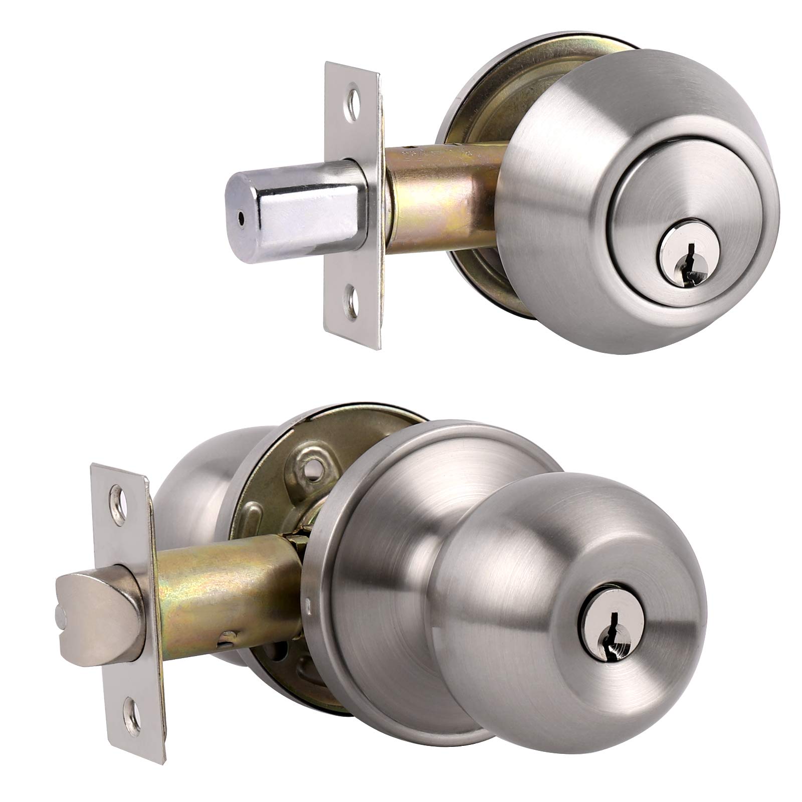 Probrico Keyed Alike Entry Door Knob and Deadbolt Combo Set - Satin Nickel Finish - Secure Double Cylinder Deadbolt with Round Knob - Perfect for Home, Office & Apartment Security