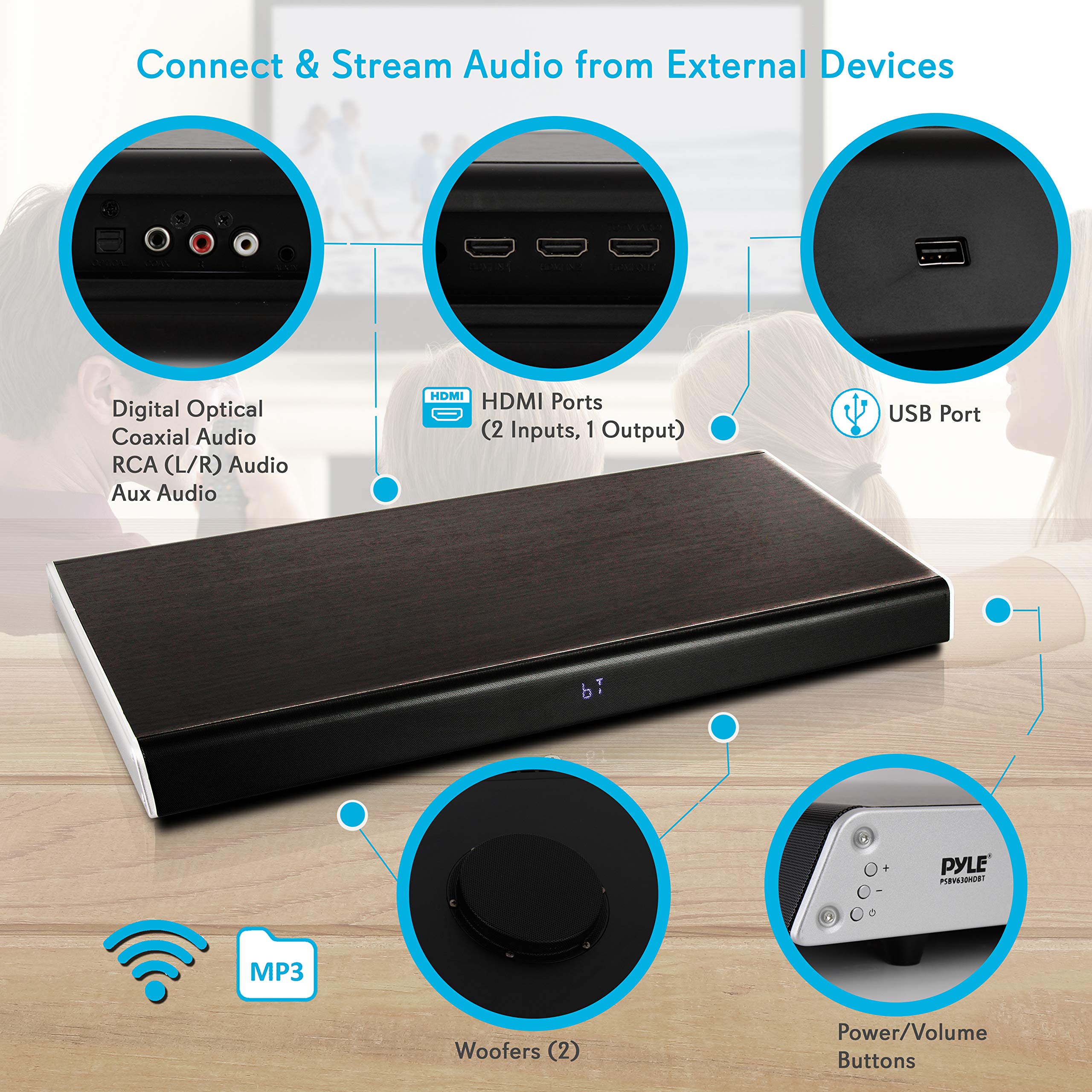 Pyle PSBV630HDBT.5 Bluetooth Sound Bar with Built-in Subwoofer - Wireless TV Soundbar System with LCD Display, HDMI, Optical, RCA, AUX, USB & Coaxial Inputs - Perfect for Home Theater, Gaming & Movie Nights (Black)
