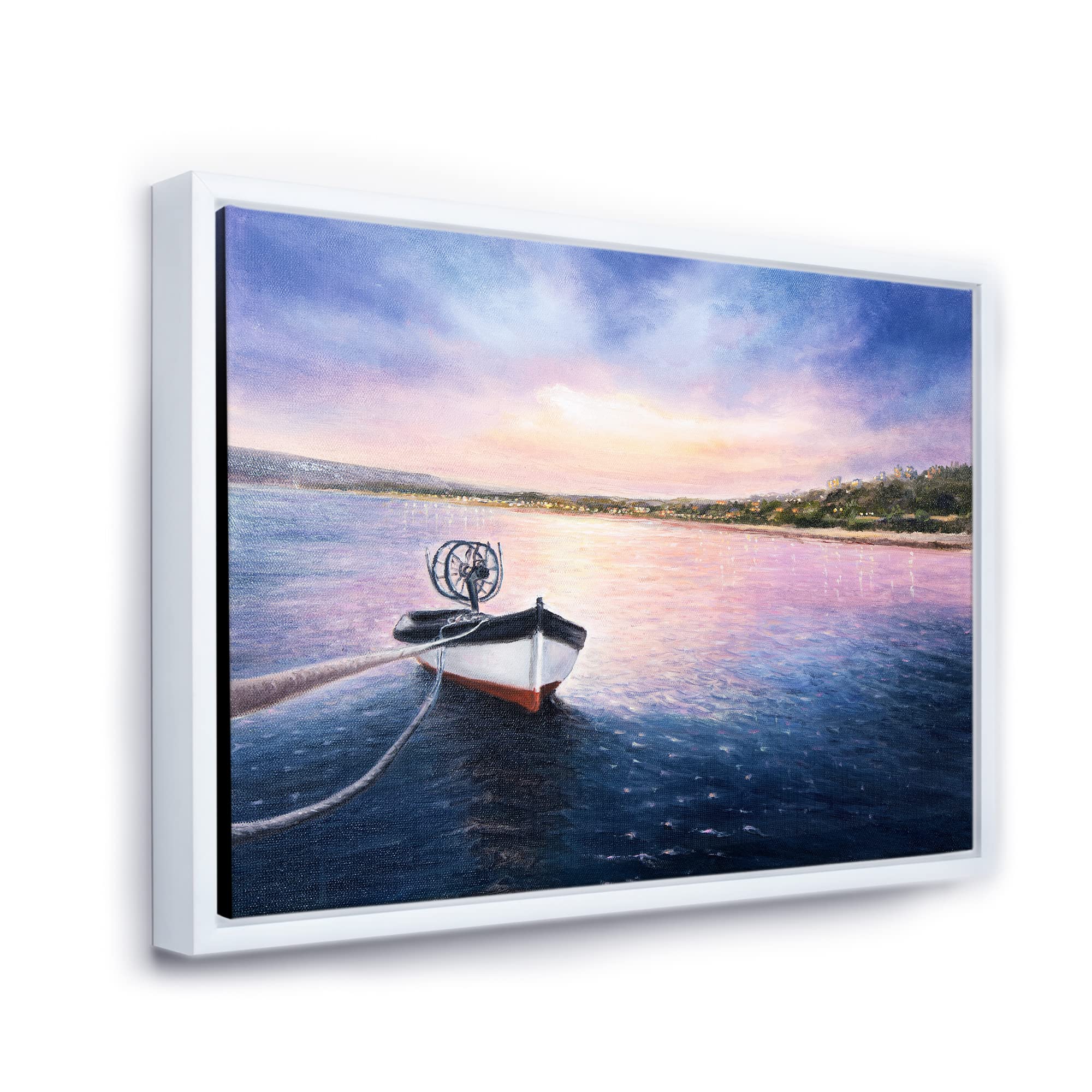 DesignQ Framed Canvas Wall Art Print - Fishing Boat by the Shore at Vibrant Sunset, Perfect for Lake House Decor & Coastal Living Room