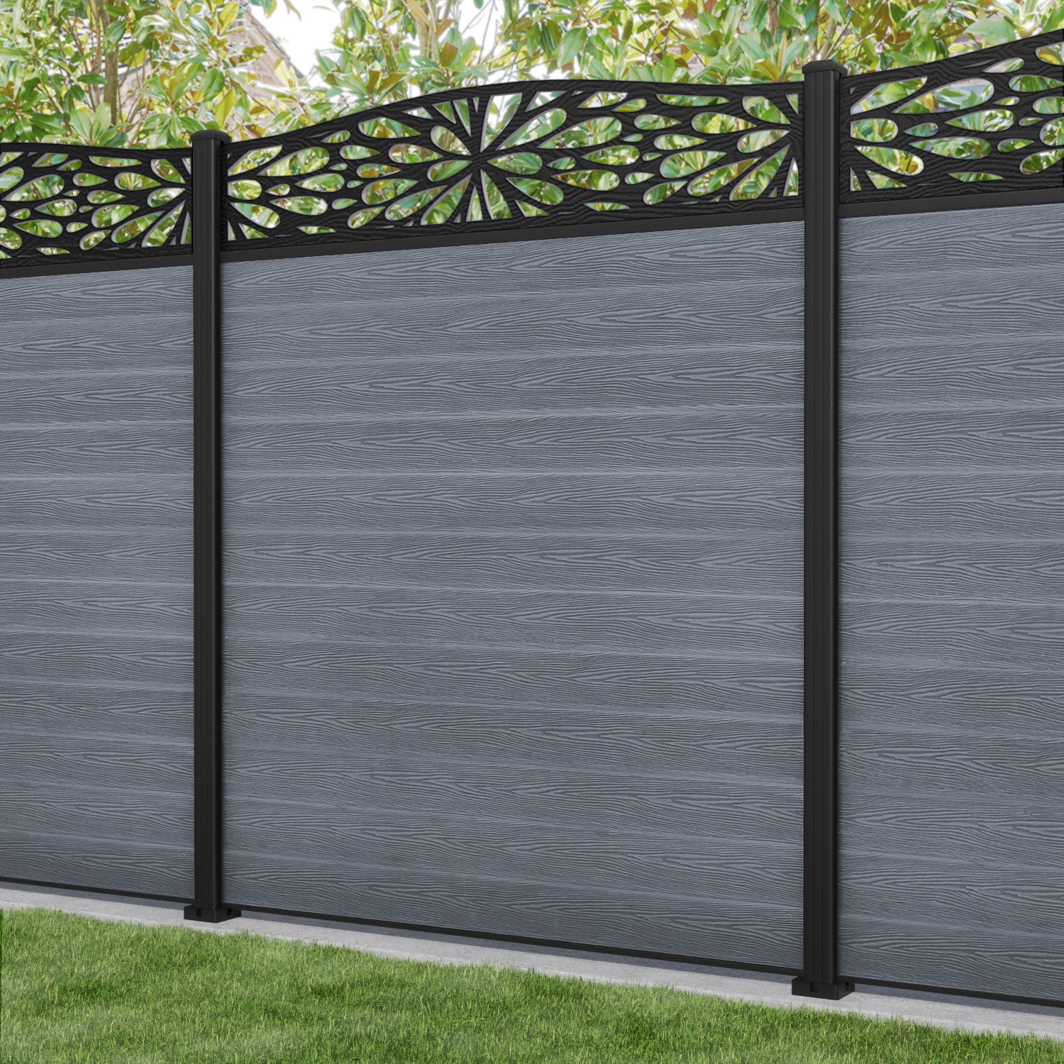 Classic Blossom Curved Top Fence Panel - Anthracite Grey Aluminum Fence with Matching Posts | Perfect for Garden, Backyard, and Patio Privacy & Decoration