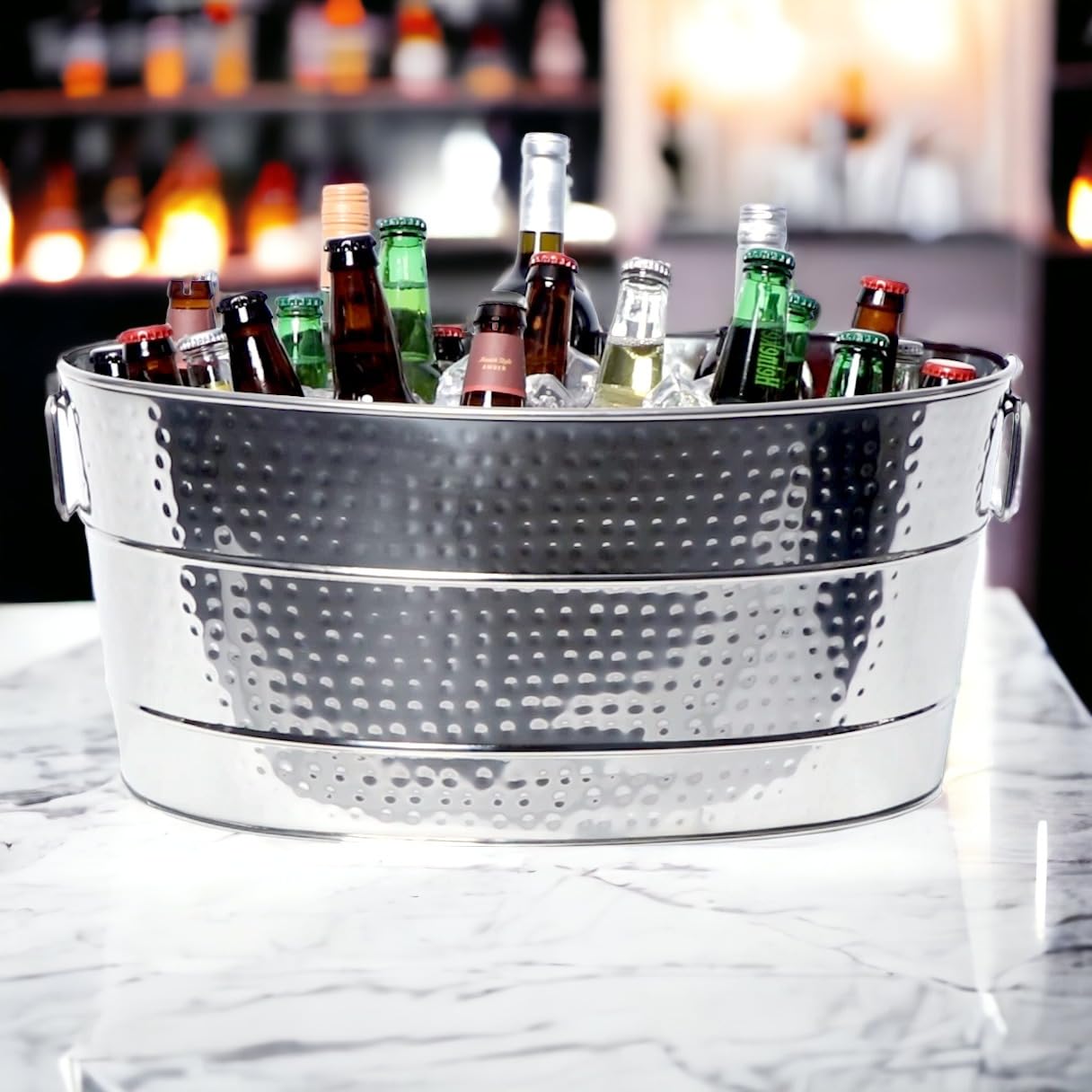 BREKX 25-Quart Aspen Hammered Stainless Steel Beverage Tub with Metal Stand - Premium Ice Bucket & Drink Cooler for Parties, Weddings, BBQs, and Outdoor Events