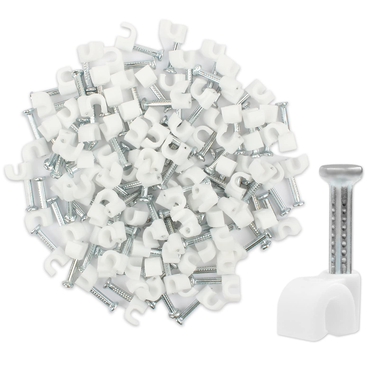 100 Pack MJIYA Cable Wire Clips - White 6mm Cable Staples & Cord Holders for Wall Mounting Ethernet, TV & Coaxial Wires - Perfect for Home Office & Entertainment Center Organization