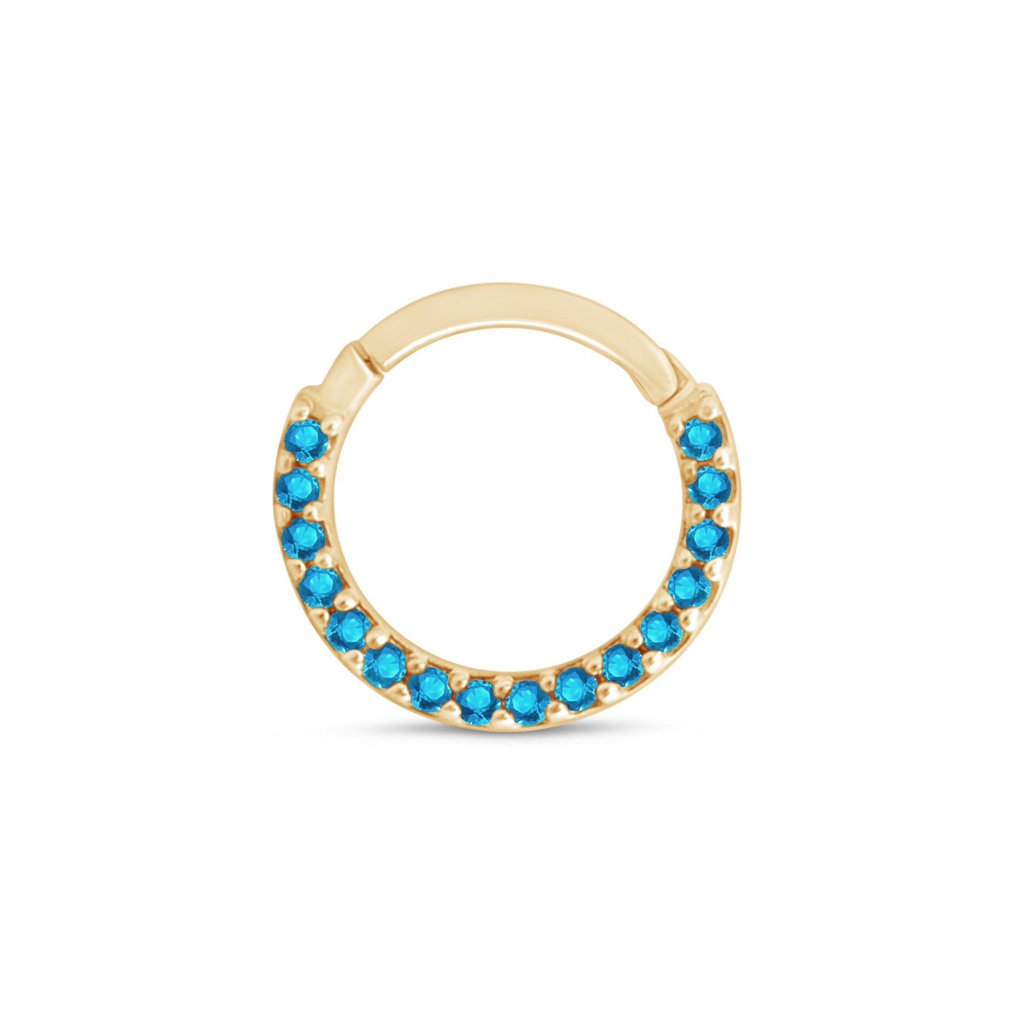 14K Yellow Gold Blue Topaz Pavé Studded Eternity Clicker Hoop Earrings - Perfect for Weddings, Parties & Special Occasions