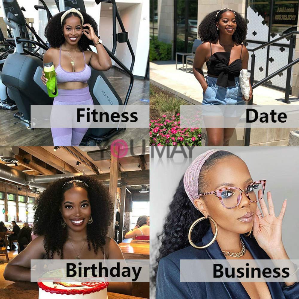 Afro Kinky Curly Headband Wig - Brazilian Remy Human Hair Glueless Half Wig for Black Women - 200% Density 14 Inch - Perfect for Daily Wear, Parties & Protective Styling