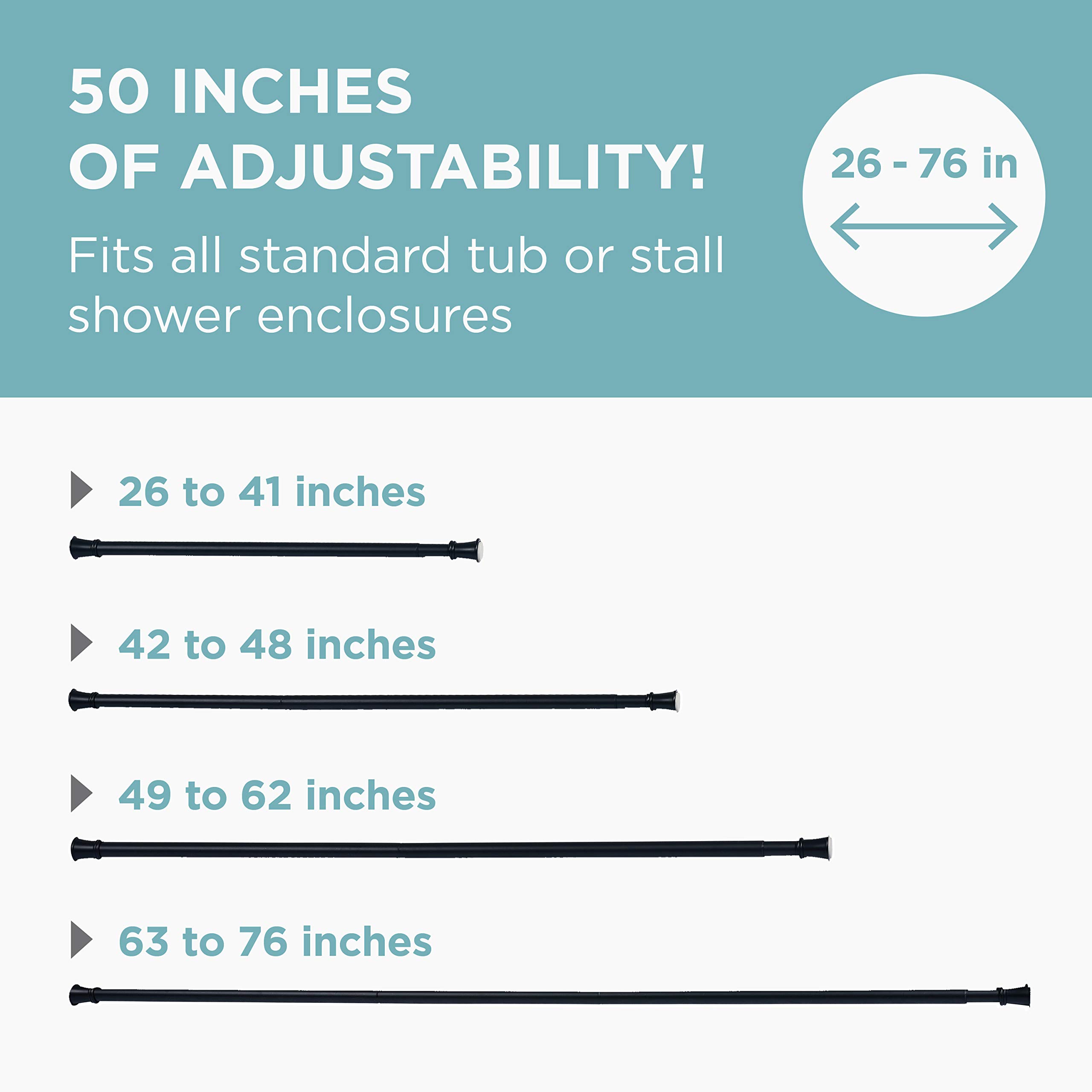 Premium Adjustable Tension Shower Curtain Rod 26-76 Inches - Matte Black No-Drill Bathroom Installation - Rust-Resistant Spring Pole for Showers & Bathtubs - Perfect for Apartments, Rentals & Small Spaces