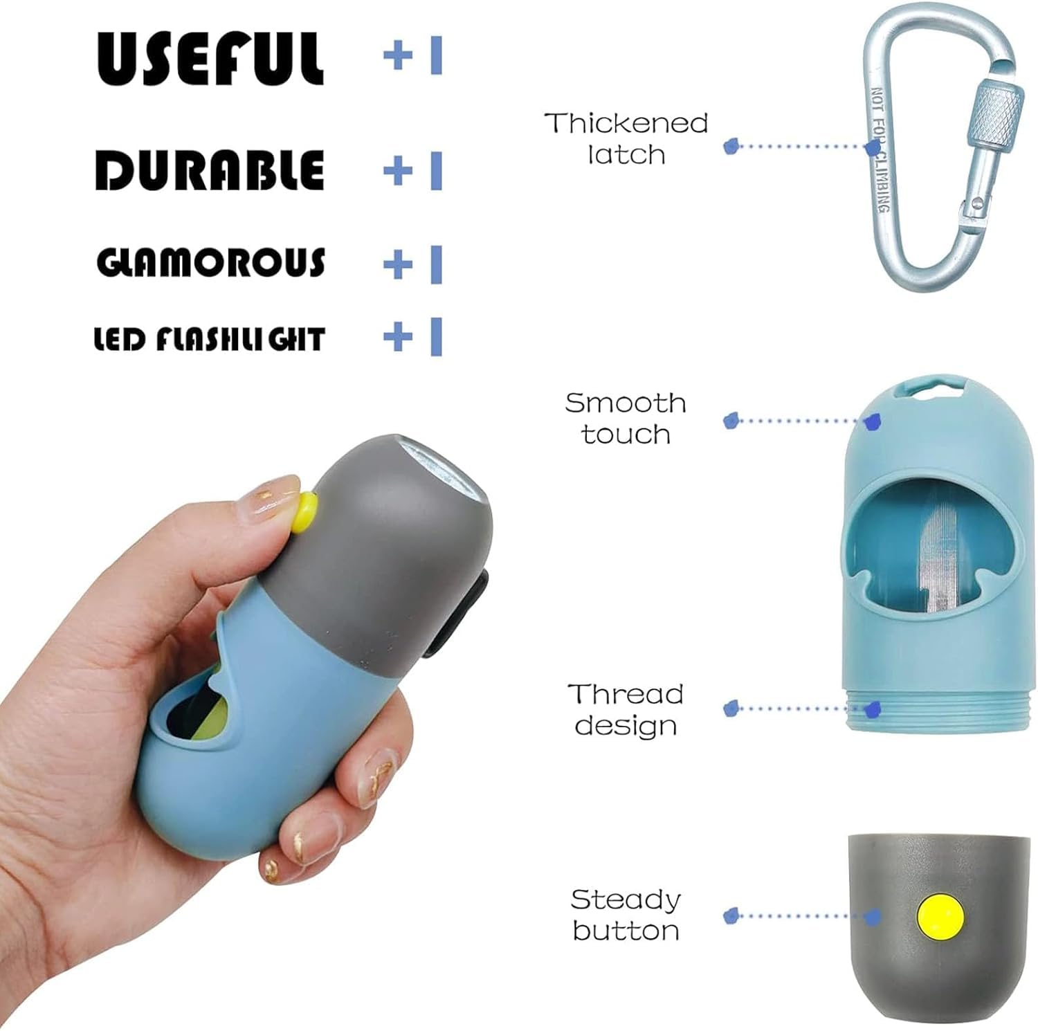 LED Flashlight Dog Poop Bag Holder Dispenser - Leash Attachment for Nighttime Dog Walking, Includes 2 Holders & 30 Waste Bags (Blue) - Perfect for Evening Park Visits and Late Night Pet Care