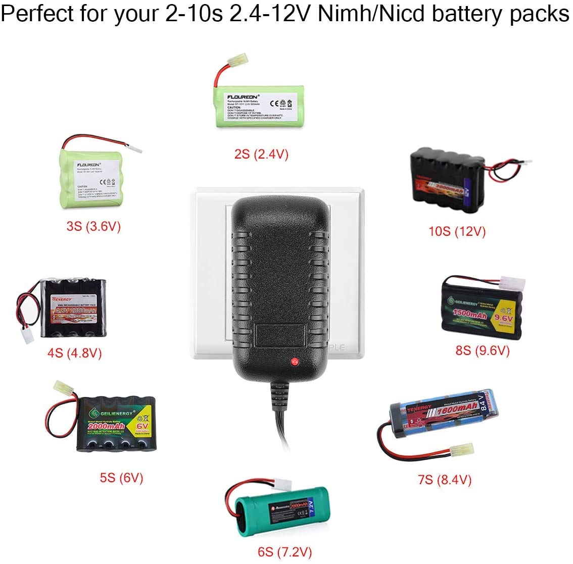 Universal NiMH/NiCd Battery Charger for RC Hobbies - 2-10S 500-800mA AC-DC Charger with 5 Converter Plugs | Perfect for Airsoft, RC Cars, Drones & Toy Battery Packs