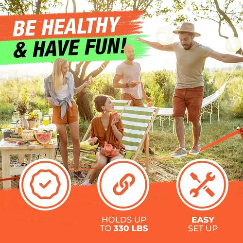 60ft Complete Slackline Kit with Wider Tree Protectors - Backyard Training, Outdoor Fitness & Adventure Activities for Kids & Adults