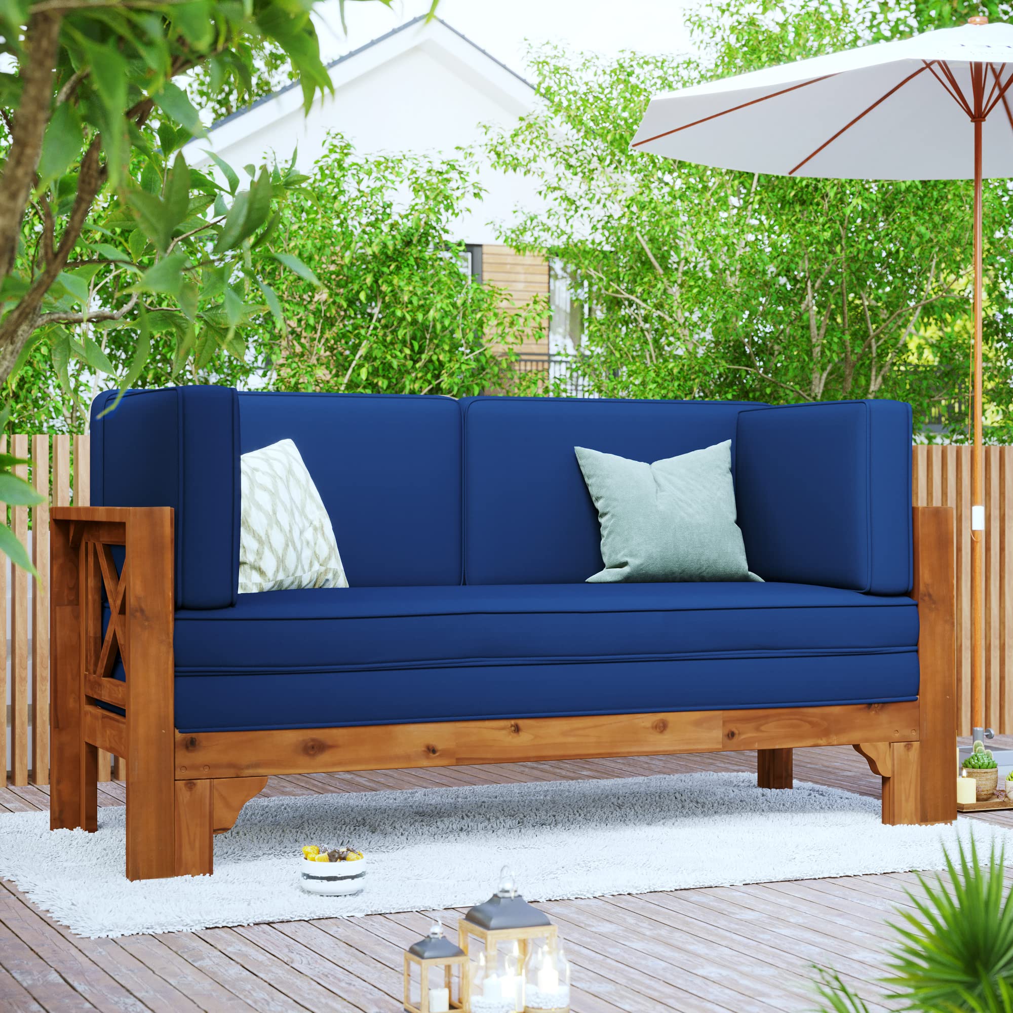 Quarte Outdoor Patio Extendable Sofa Set - Acacia Wood Sectional Furniture with Thick Cushions - Multifunctional Conversation Set for Balcony, Backyard, Poolside - Perfect for Relaxing, Entertaining, and Outdoor Lounging