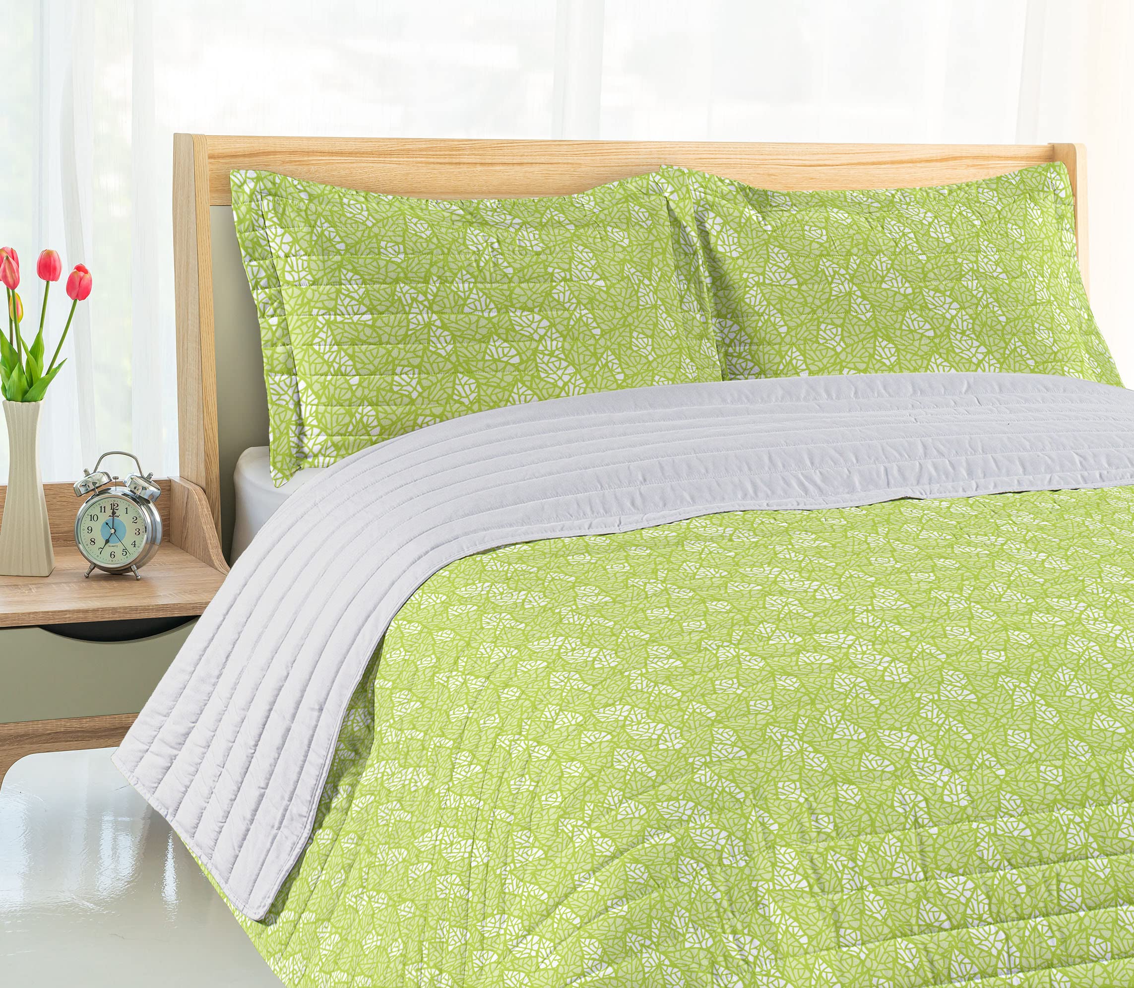 Ambesonne Queen Size Leaf Microfiber Bedspread Set - Spring Greenery Botanical Pattern with Pillow Shams & Comforter | Soft Apple Green & White Bedding for Eco-Friendly Home Decor | Perfect for Spring Refresh, Guest Rooms & Nature-Inspired Bedrooms