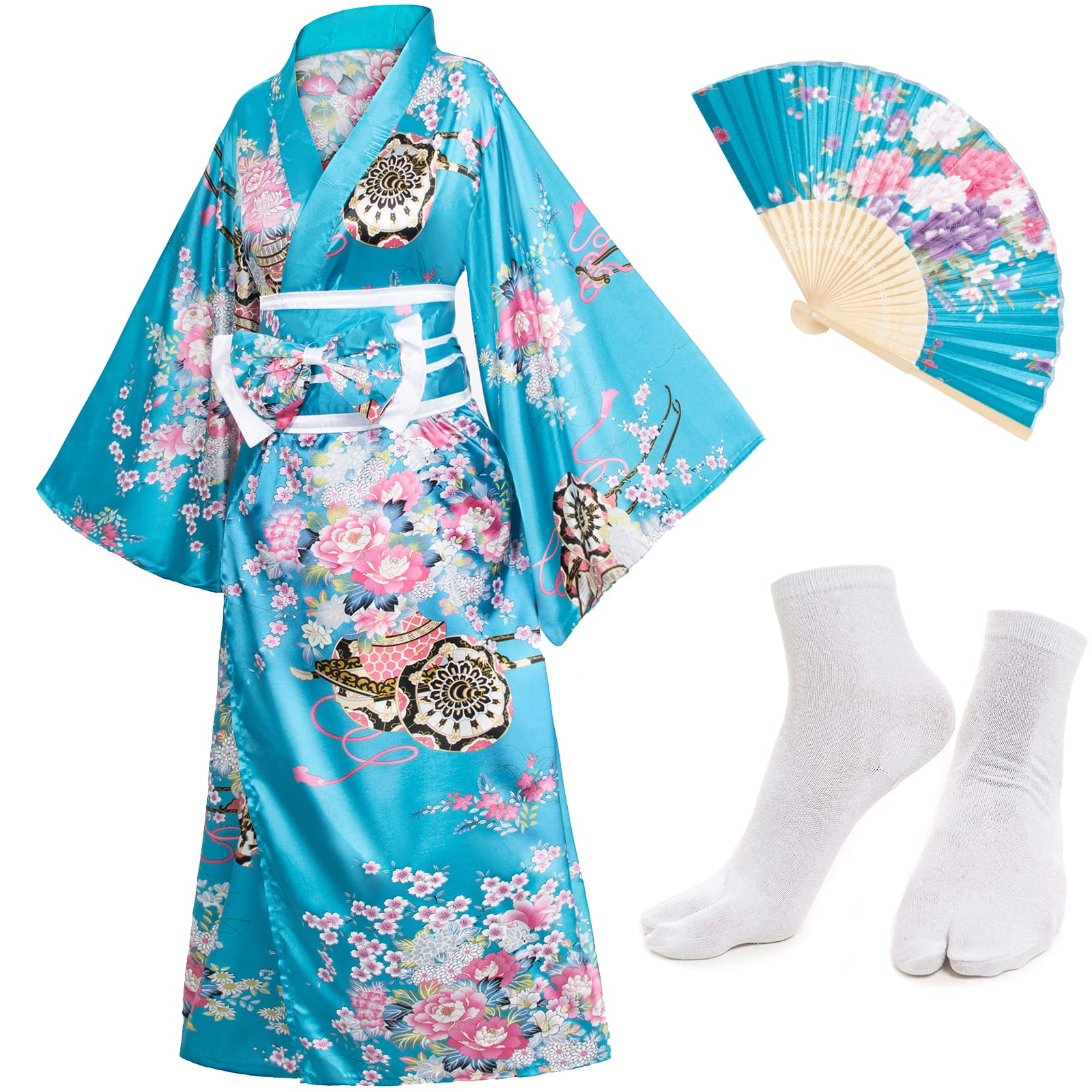 Japanese Anime Women's Kimono Robe - Geisha Yukata Sweet Dress with Blossom Satin Bathrobe, Sleepwear & Tabi Socks Set - Perfect for Cosplay, Loungewear, and Themed Parties
