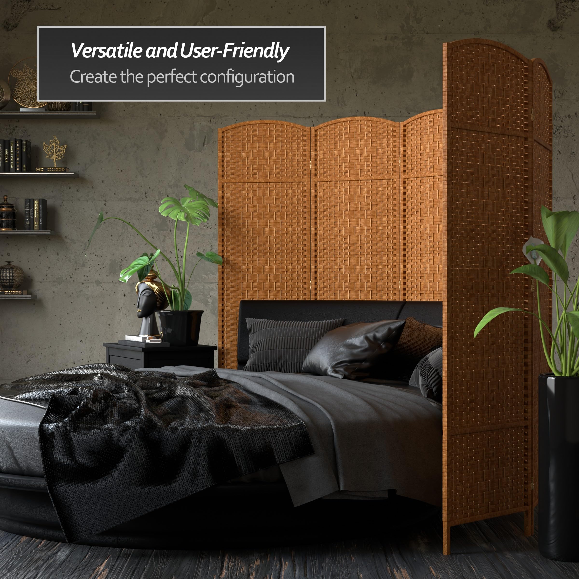 6 ft. Tall Diamond Weave Fiber Dark Beige Room Divider - 3 Panel Folding Privacy Screen for Home, Office, and Outdoor Use - Red Lantern Decorative Partition
