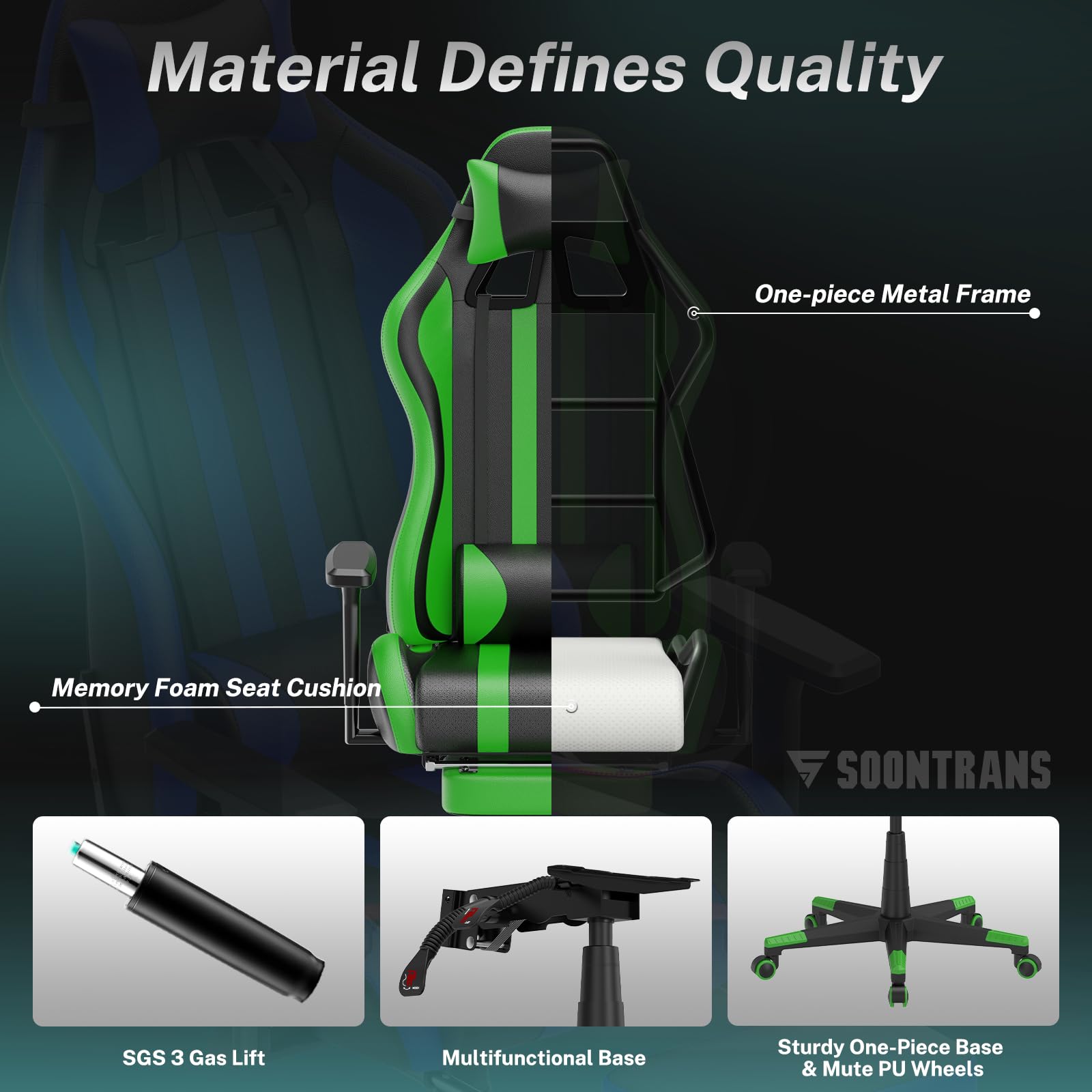 Soontrans Ergonomic Gaming Chair with Footrest - Adjustable Height, 360° Swivel & Reclining Office Chair for Adults - Perfect for PC Gaming, Home Office & Esports Setup - Green Racing Style Computer Chair