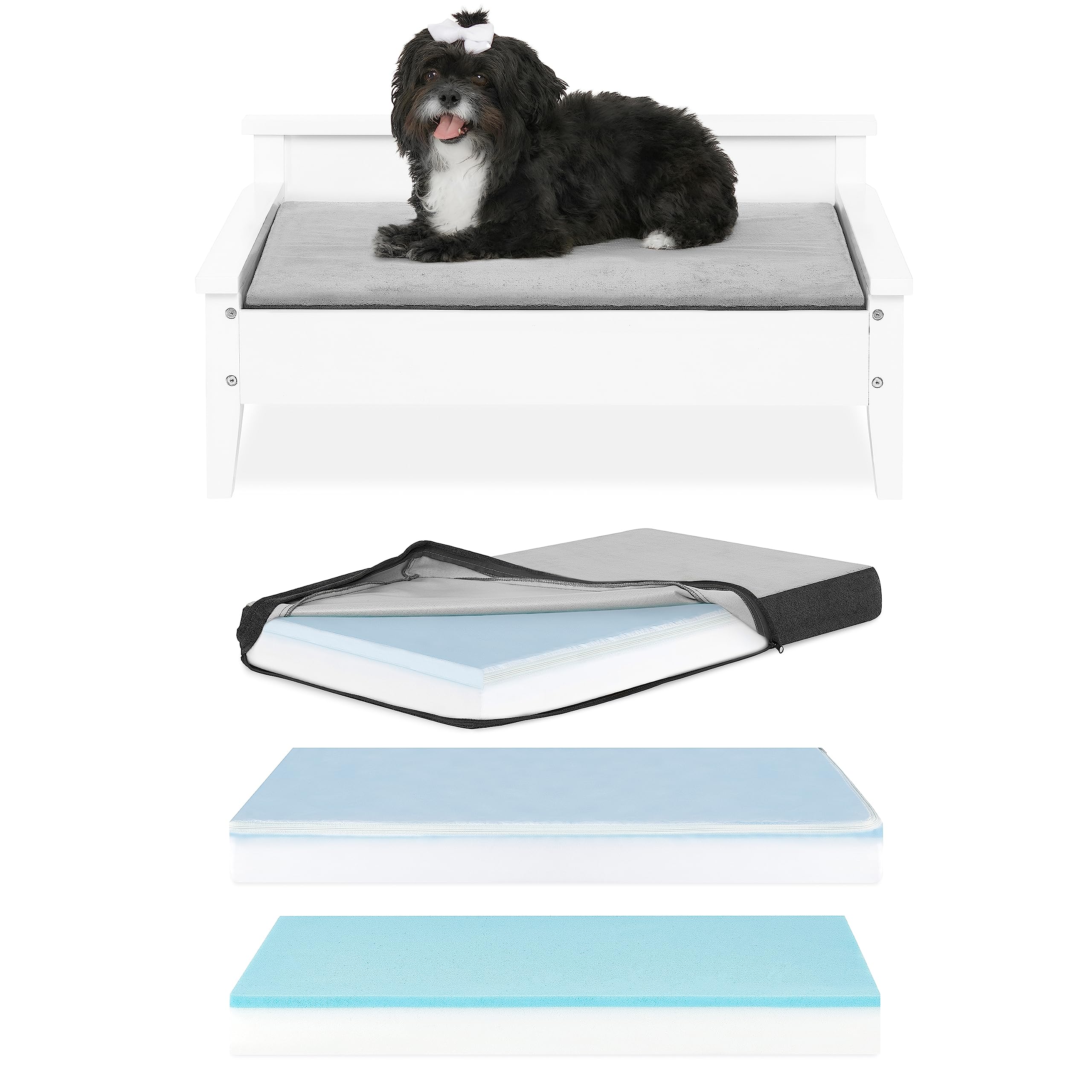 Elevated Wooden Dog Bed for Small to Medium Pets - Water-Resistant Calming Mattress, Greenguard Gold Certified Modern Dog Couch (Winston, White) - Perfect for Indoor Use in Living Room or Bedroom