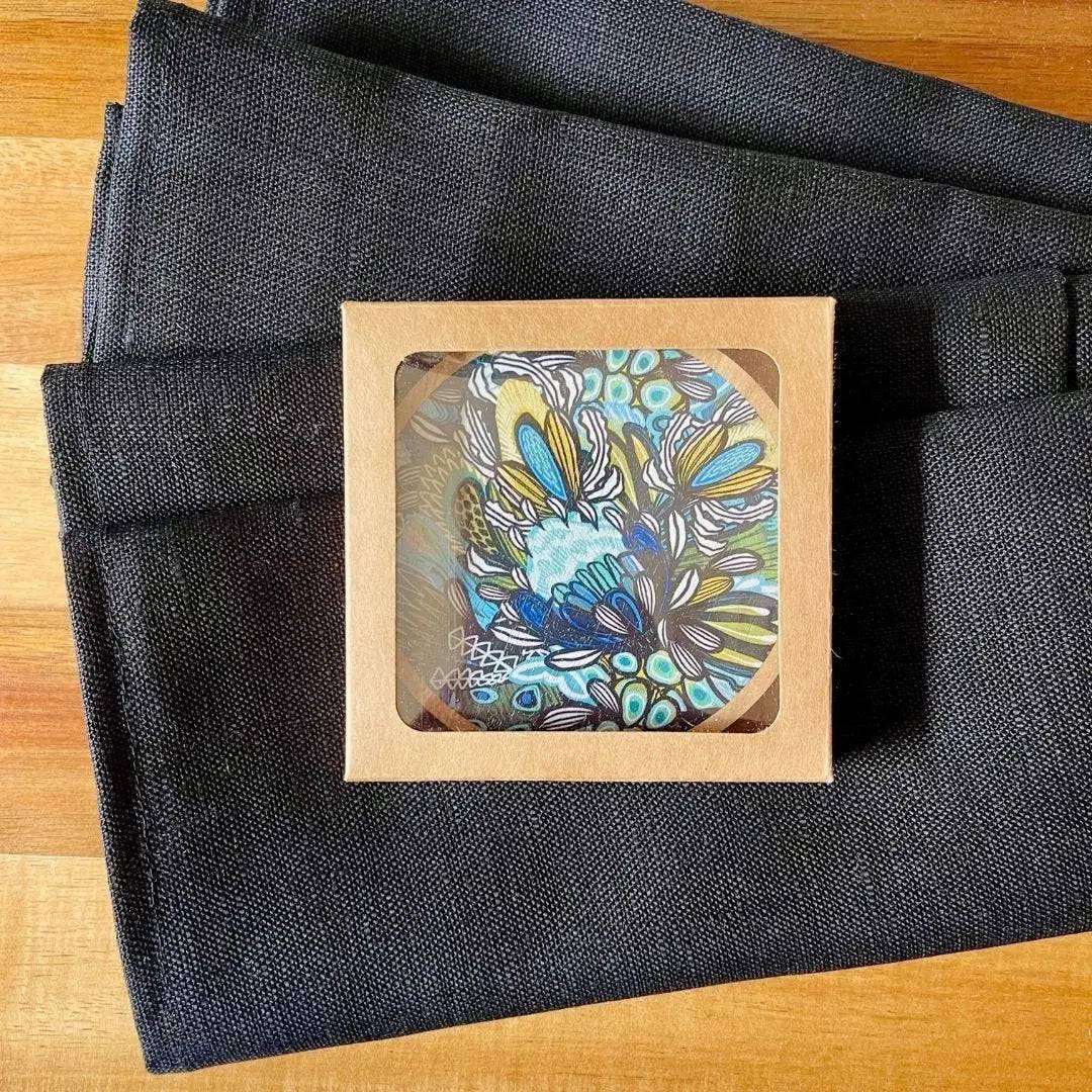 Premium Australian Wooden Coaster Set with Napkins - Handmade Proteas Design for Home, Office & Party Use