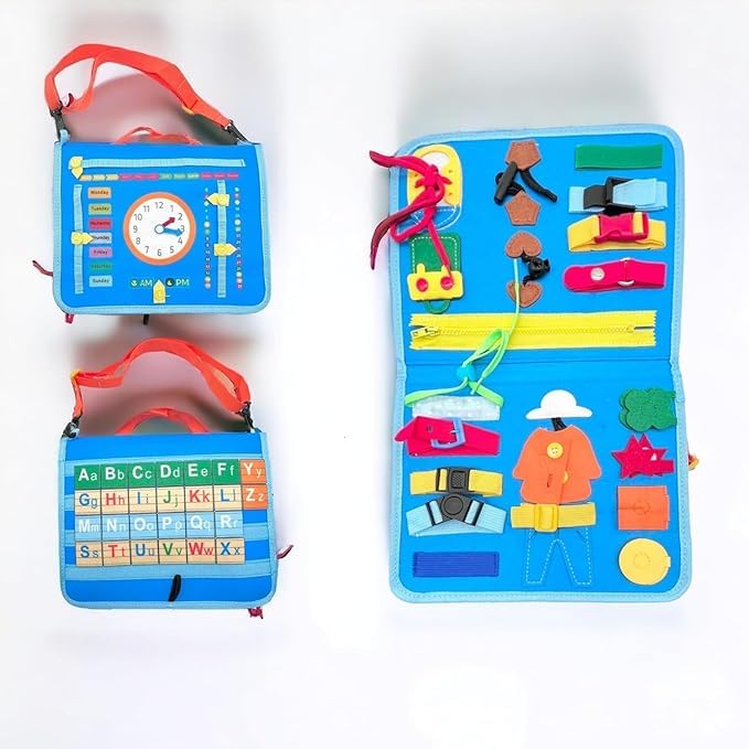 **Montessori Busy Board for Toddlers 1-4 Years - Sensory Travel Toys for Airplane, Car & Home - Educational Learning Games for Boys & Girls - Preschool Quiet Book (Blue)**    **Usage Scenarios:** Perfect for travel, long car rides, airplane trips, quiet play at home, and preschool learning activities.