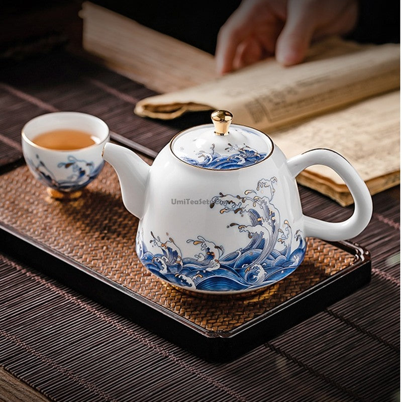 Premium Chinese Sea Wave Ceramic Teapot with 24K Gold Trim - Elegant Tea Brewing for Home, Office & Gift Giving