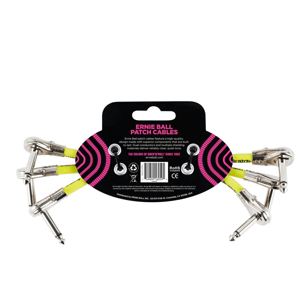 Ernie Ball 6-Inch Flat Angle Patch Cable 3-Pack - Black | High-Quality Instrument Cables for Guitar, Bass & Pedalboard Connections