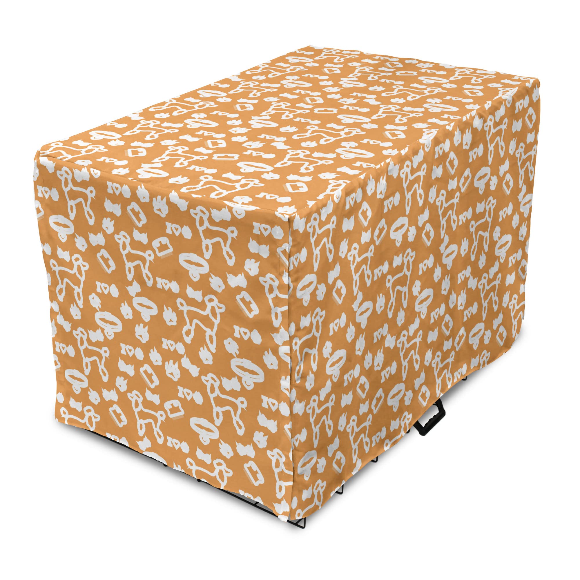 Lunarable Poodle Dog Crate Cover - Artistic Outline Design with Paw Prints, Comb Collar & Hearts - Breathable Pet Kennel Cover for Medium & Large Dogs (36 Inch, Apricot White) - Perfect for Home, Travel & Vet Visits