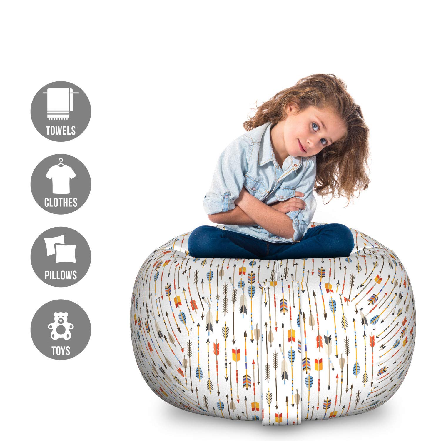 Ambesonne Tribal Pattern Storage Toy Bag Chair - Large Washable Stuffed Animal Organizer with Folkloric Indigenous Design | Perfect for Kids' Room, Playroom & Dorm Organization