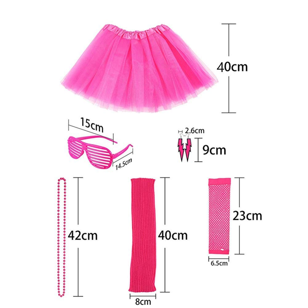 80s Retro Neon Costume Set for Women - Tutu Skirt, Leg Warmers, Gloves, Necklace, Headband, Earrings & Glasses | 80s Party, Halloween, Cosplay, Themed Events