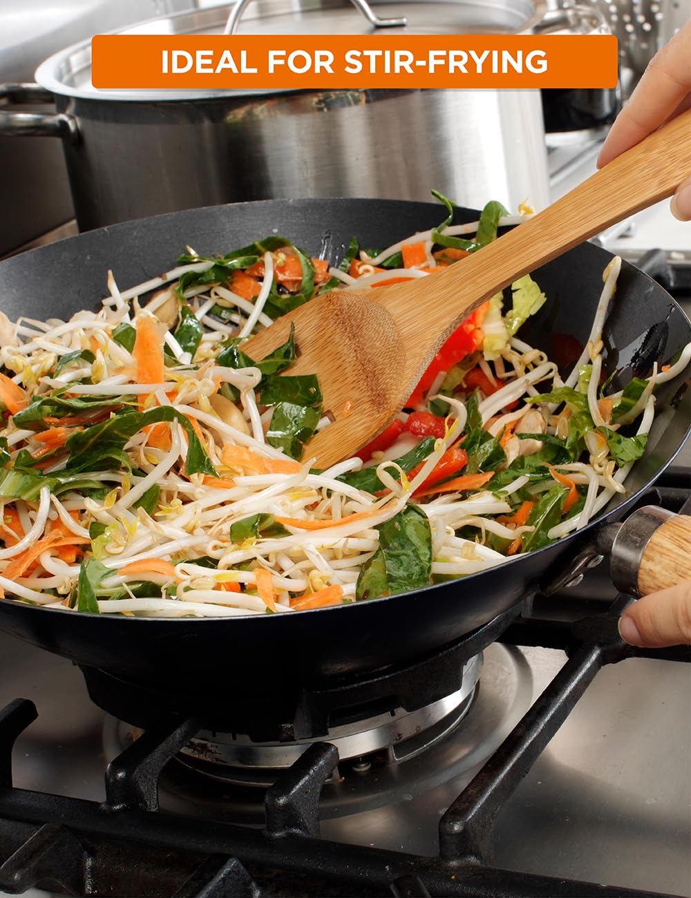 Commercial CHEF 12-Inch Carbon Steel Wok with Acacia Wood Handle - Non-Stick Ceramic Coated Stir Fry Pan - Safe for All Cooktops & Grills - Lighter & Cools Faster Than Cast Iron - Perfect for Asian Cooking, Stir-Frying & High-Heat Searing