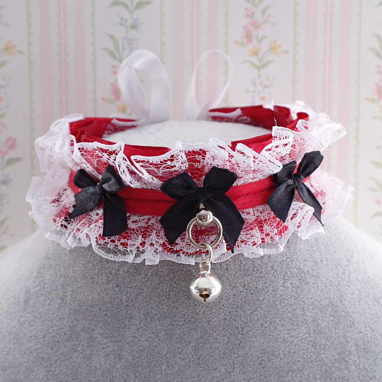 Burgundy Red Choker Necklace - Gothic Vampire Style Play Collar with White Lace Ruffles & Black Bows | Princess Accessory for Cosplay, Halloween & Gothic Fashion (12 Inch, Red)