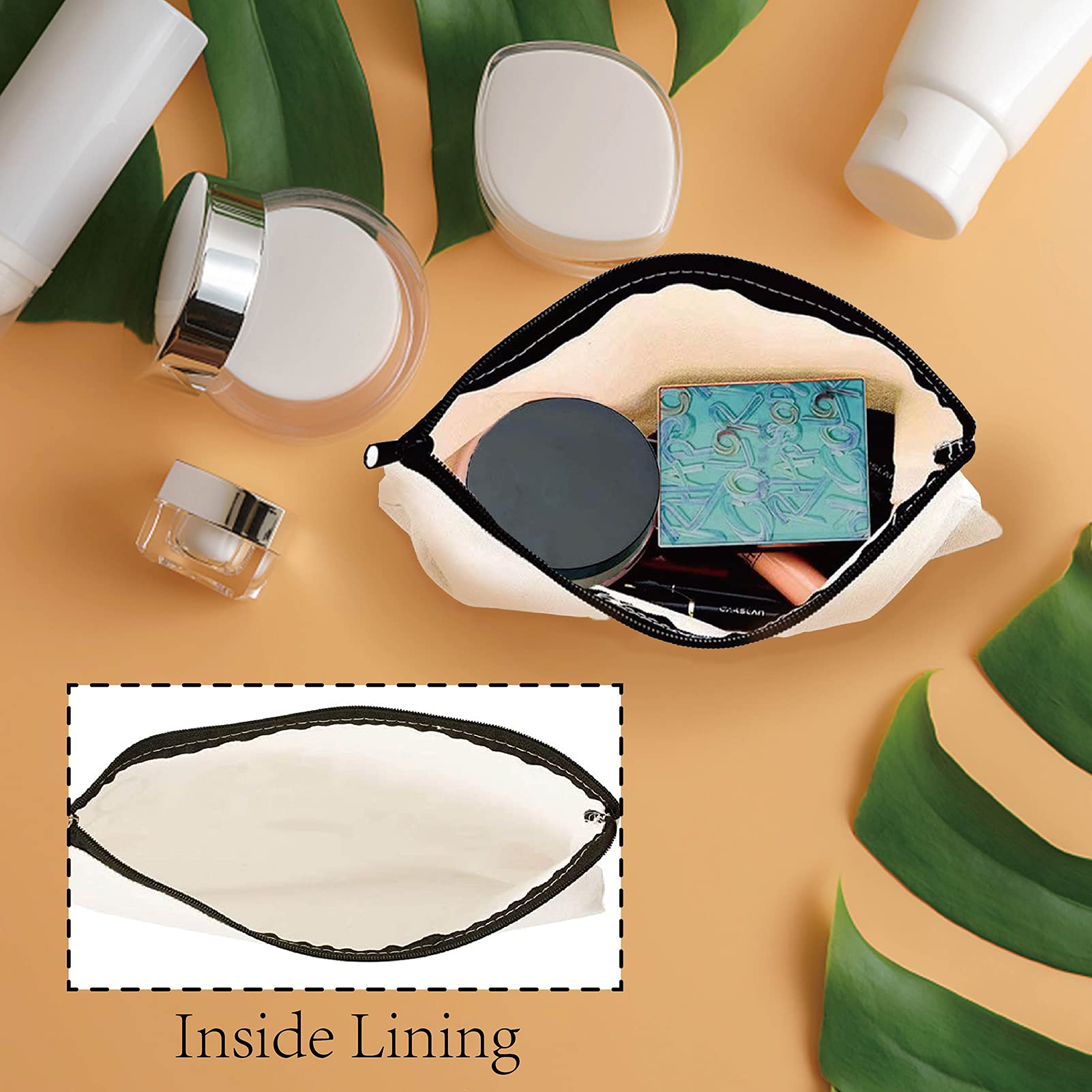 CREATCABIN Canvas Makeup Bag - Printed Cosmetic Organizer, Beach Survival Kit, DIY Craft Pouch with Zipper | Toiletry Bag for Women | Holds Keys, Headphones, Lipstick, Cards & Pens | 10x7 Inch | Perfect for Travel, Gym & Daily Essentials