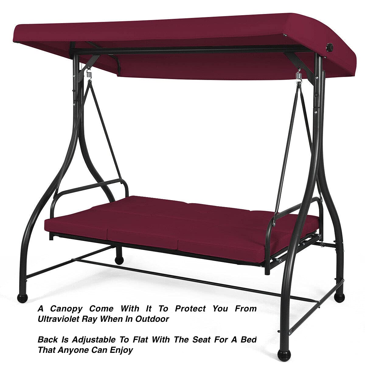 Burgundy 3-Seater Convertible Outdoor Swing Bench with Adjustable Sunshade Canopy & Removable Cushions - Heavy Duty Steel Frame - Perfect for Patio, Poolside, Deck, Balcony, Garden, Backyard Relaxation and Outdoor Lounging