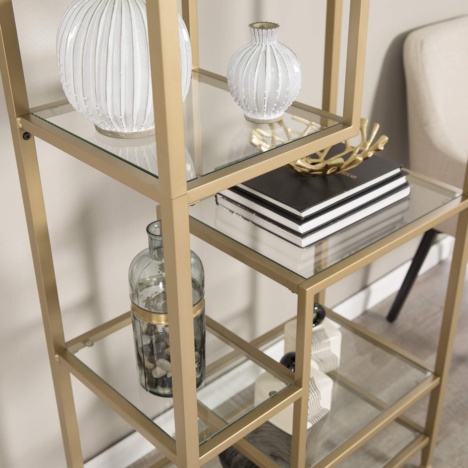 SEI Furniture Jaymes Metal and Glass Asymmetrical Bookcase Shelf - Gold Modern Étagère for Living Room, Bedroom, Office Storage & Display