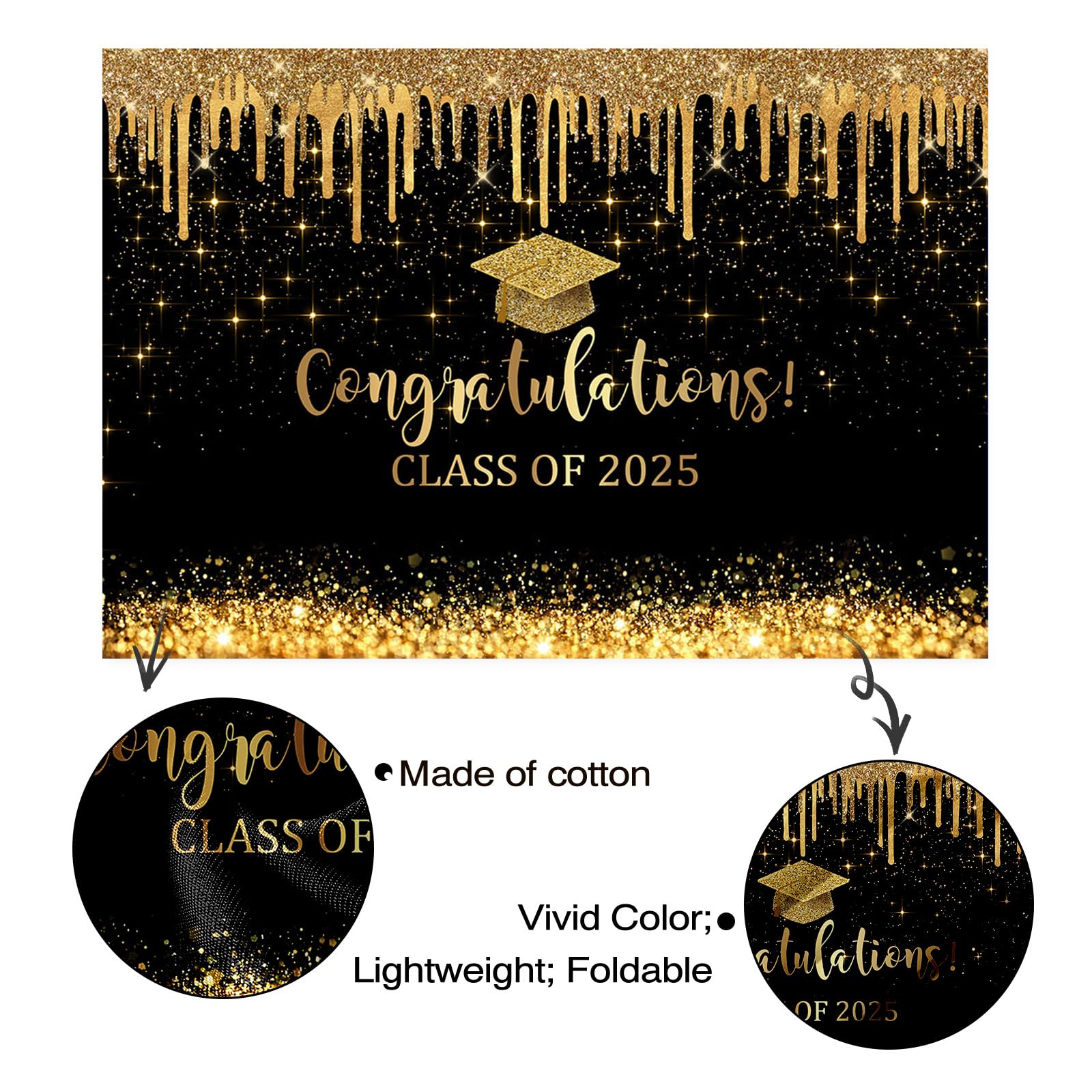 2025 Black & Gold Graduation Backdrop 7x5ft - Class of 2025 Congrats Grad Banner & Photo Background - Perfect for Graduation Parties, School Events & Photo Booths