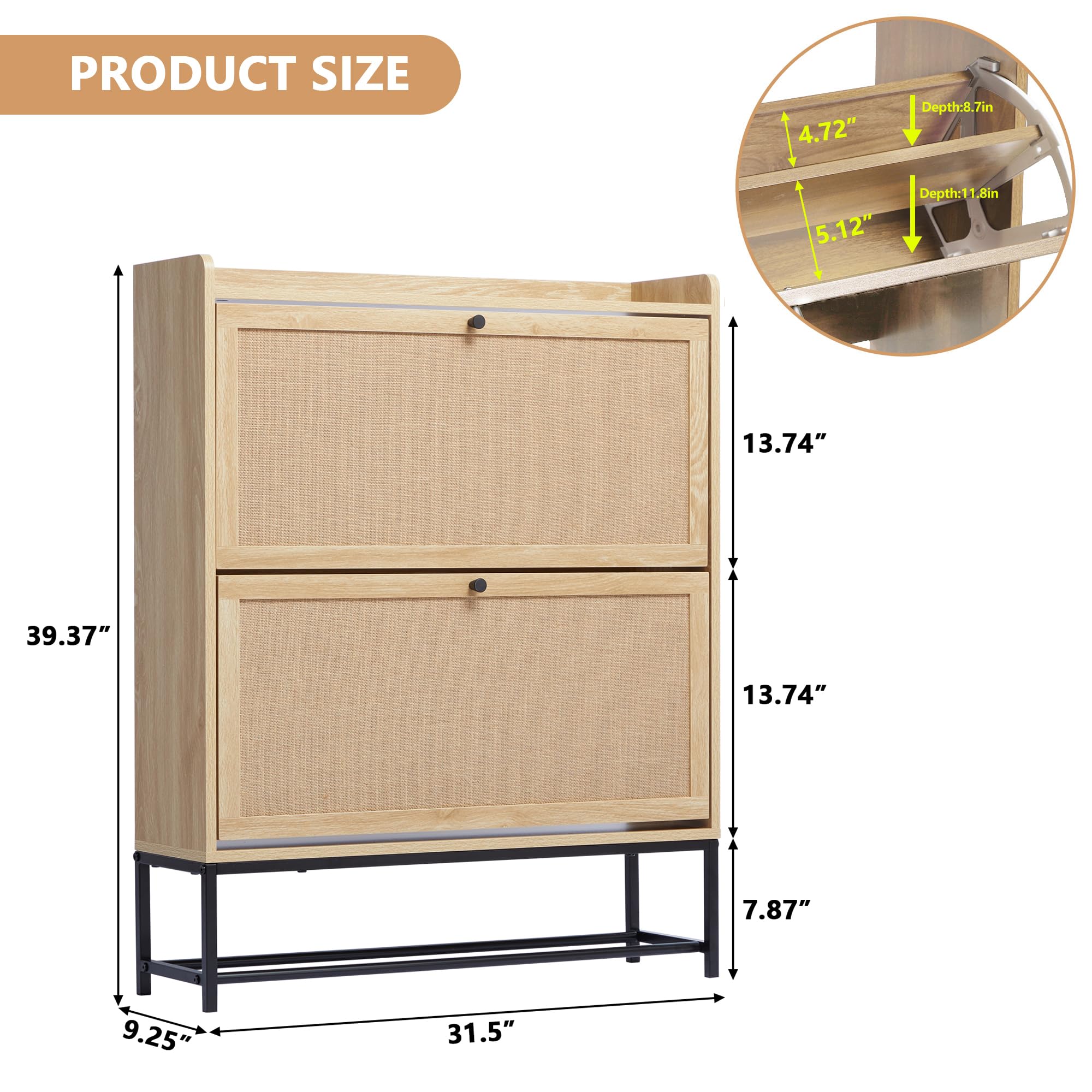 LEVNARY Wooden Shoe Storage Cabinet with 2 Flip Drawers - Narrow Freestanding Shoe Rack Organizer for Entryway & Hallway - Natural Oak Finish with Sturdy Metal Legs - Perfect for Small Spaces, Apartment Living & Closet Organization