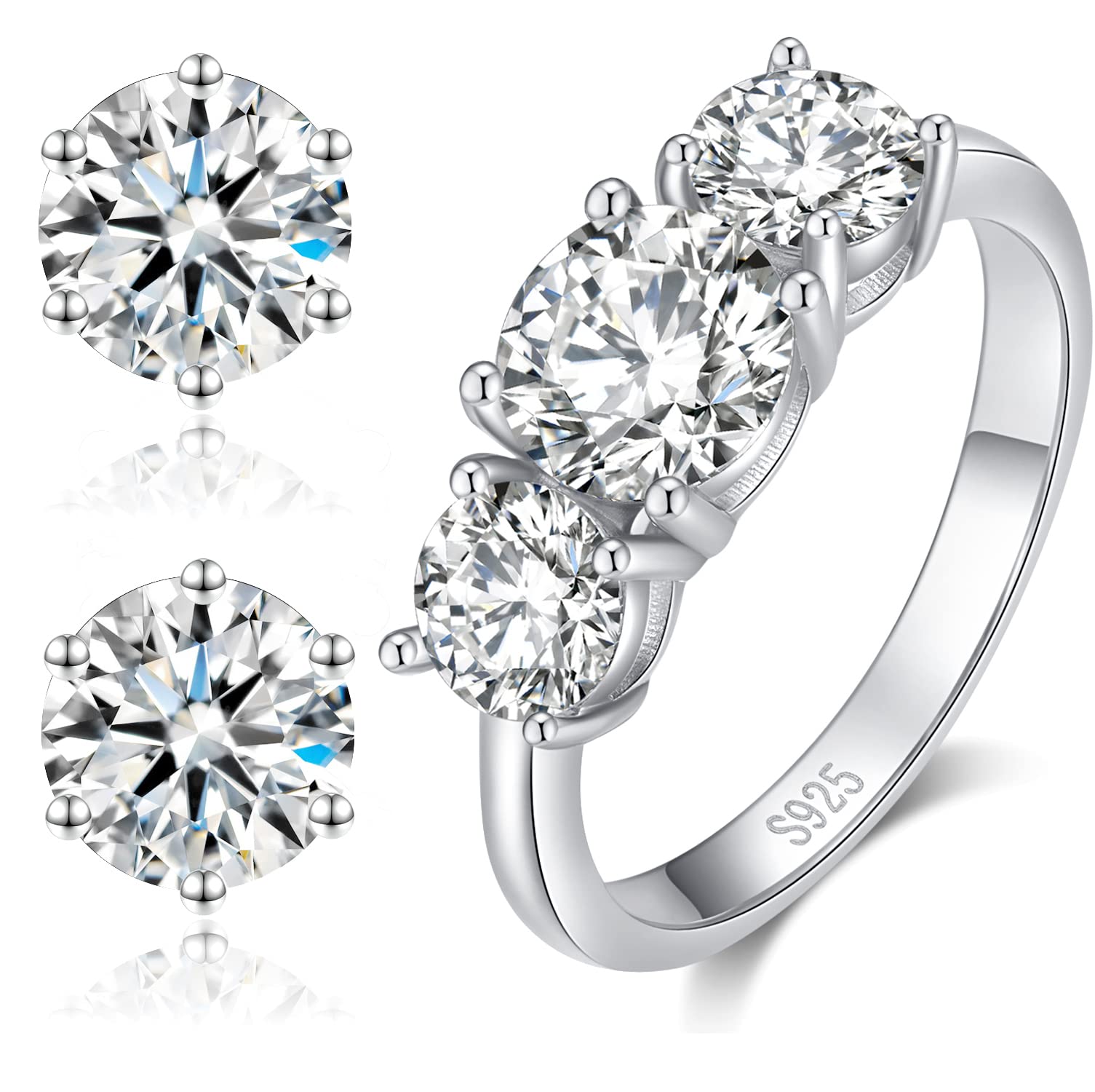 1CT C6P Moissanite Stud Earrings & 2CT Moissanite Big3 Ring Set - Sparkling Wedding, Anniversary, Engagement Jewelry Gift for Women