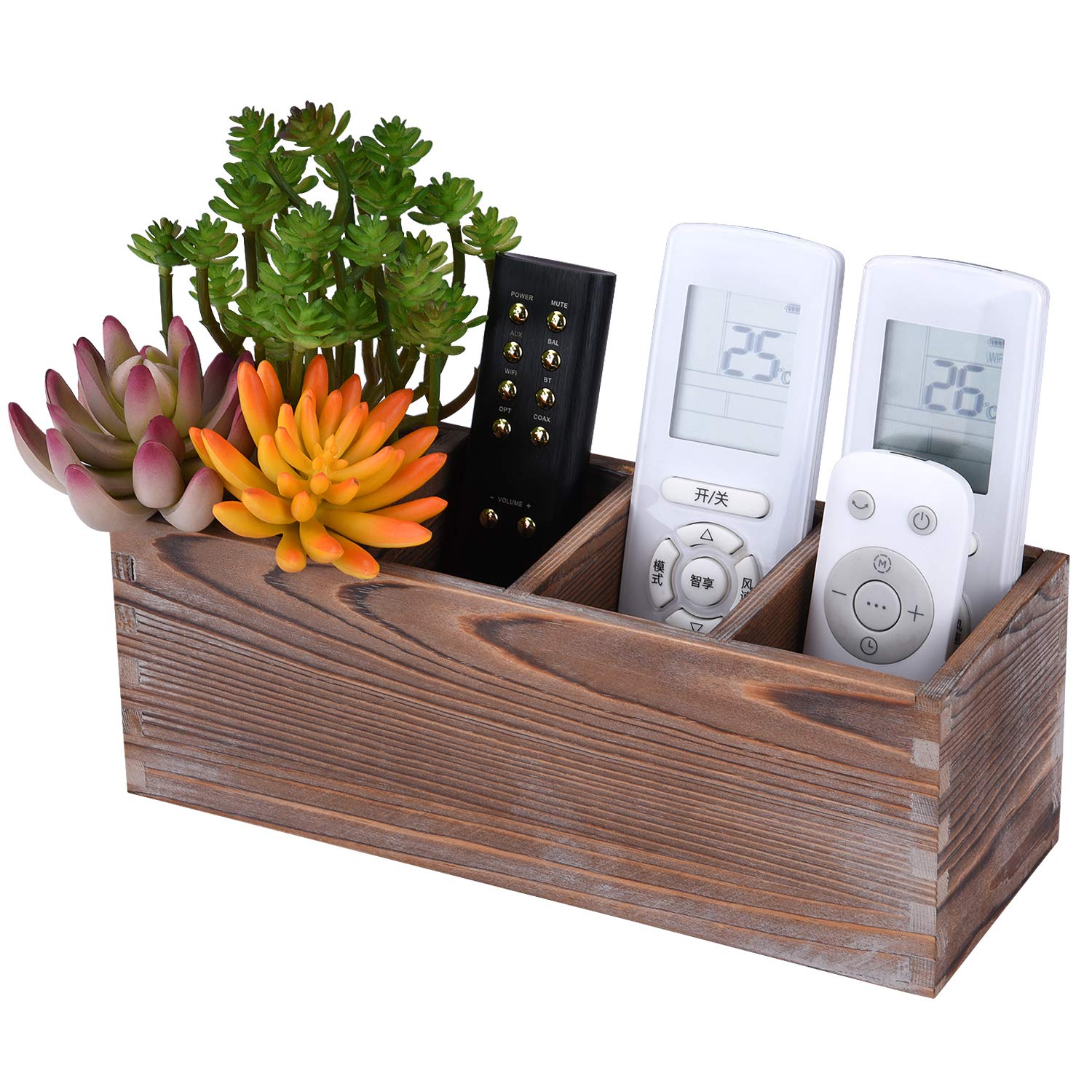 WuGeShop Rustic Wood Remote Control Holder with 4 Compartments - Multi-Use TV Remote Caddy & Desktop Organizer for Pens, Pencils, Phones - Perfect for Living Room, Bedroom, Office & Home Theater Organization
