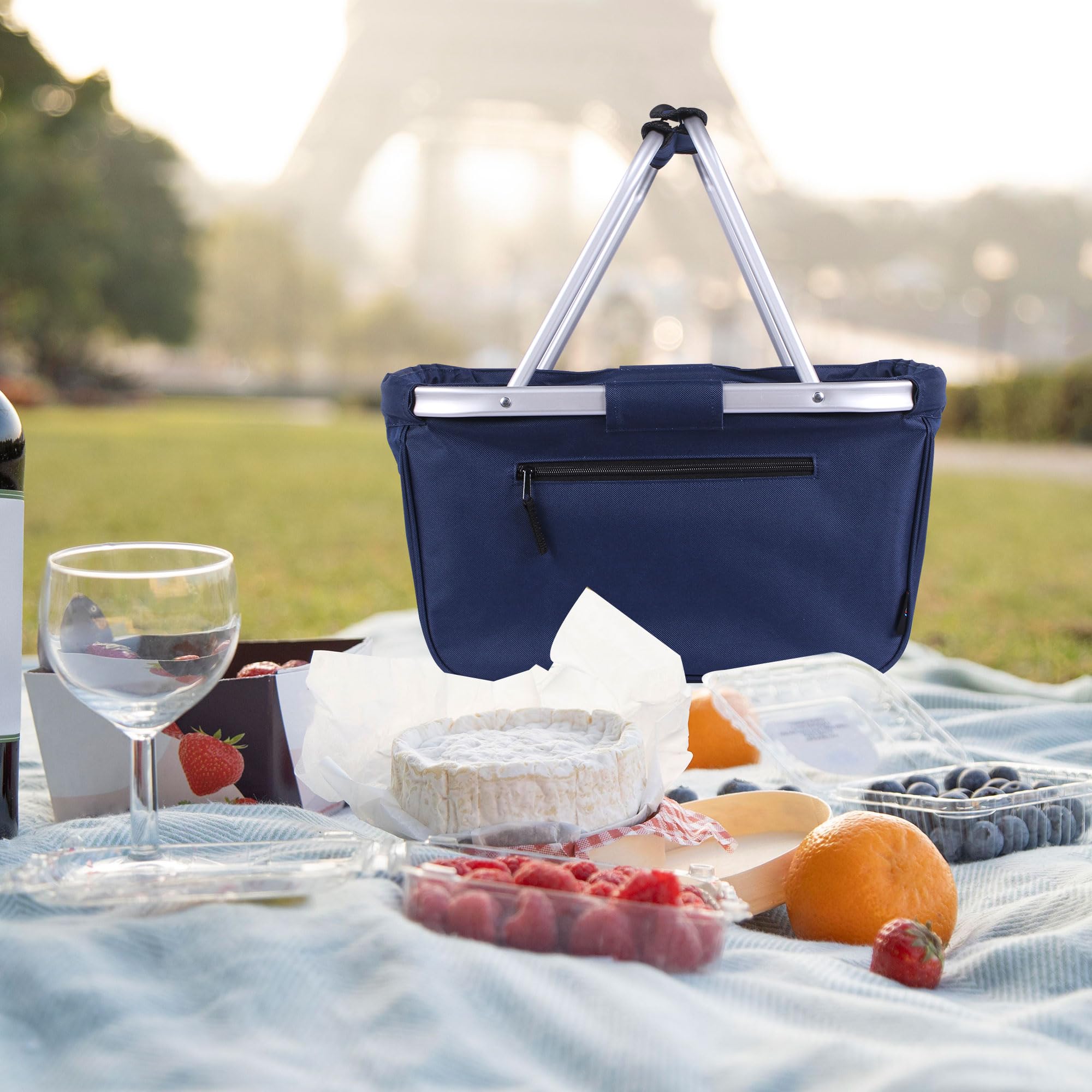 SIYUAN 24L Collapsible Picnic Basket - Portable Reusable Folding Grocery Basket with 2 Handles for Travel, Camping, Beach Outings & Farmers Market Shopping (Navy Blue)