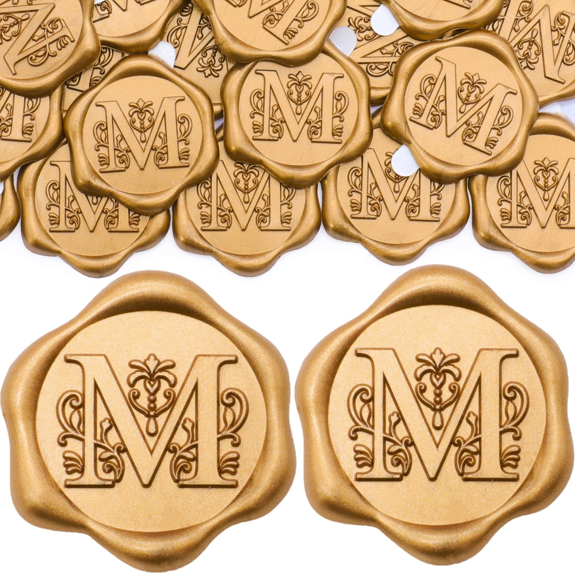 SWANGSA 50 Pack Letter M Wax Seal Stickers - Antique Gold Initial Alphabet Self-Adhesive Wax Seals for Wedding Invitations, Party Envelopes, Greeting Cards & DIY Scrapbooking