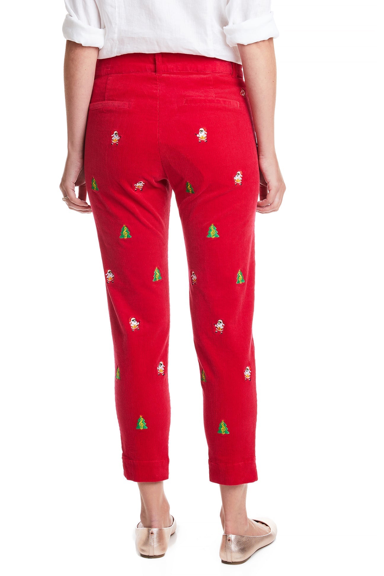 Women's Corduroy Ankle Pants in Crimson Red - Christmas Holiday Casual Wear for Parties & Family Gatherings