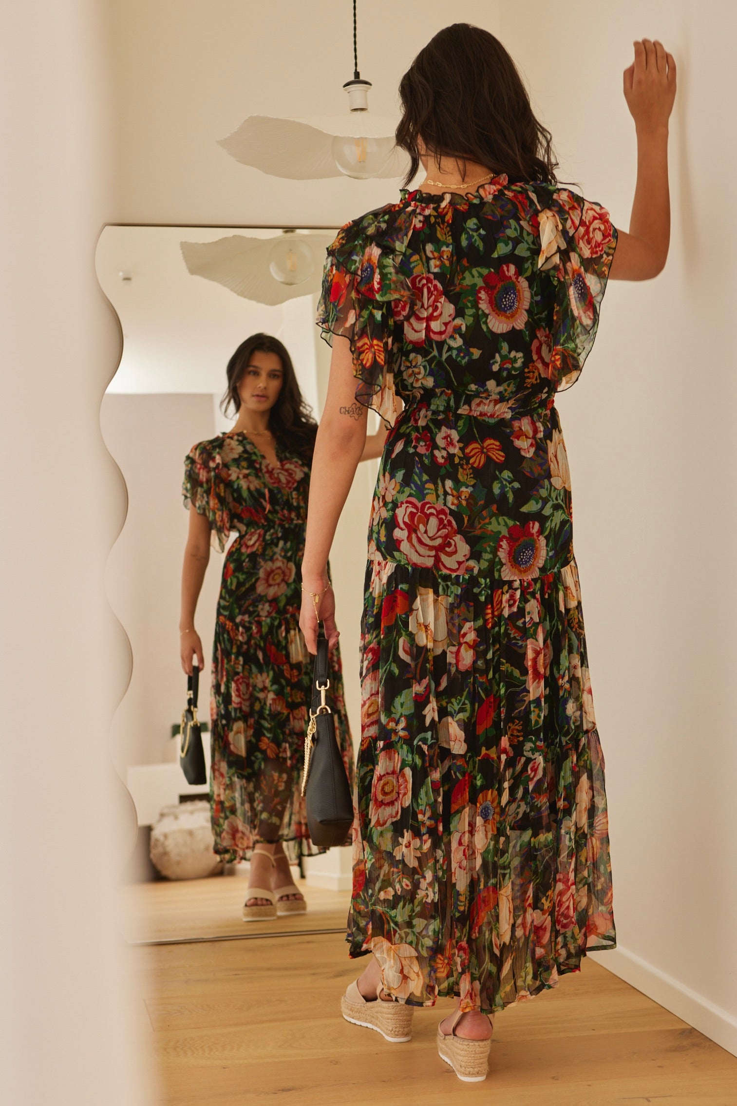 Flutter Sleeve Black Floral Maxi Dress - Elegant Boho Summer Dress for Beach, Wedding & Party Wear