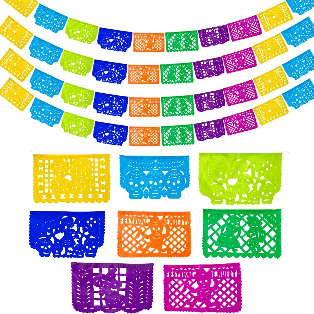 Day of the Dead Party Decorations - Dia de Los Muertos Papel Picado Tissue Paper Banner Set (12.5 Ft x 4, 50 Ft Total) for Halloween, Mexican Fiesta & Home Decor - Perfect for Altars, Parties & Cultural Celebrations
