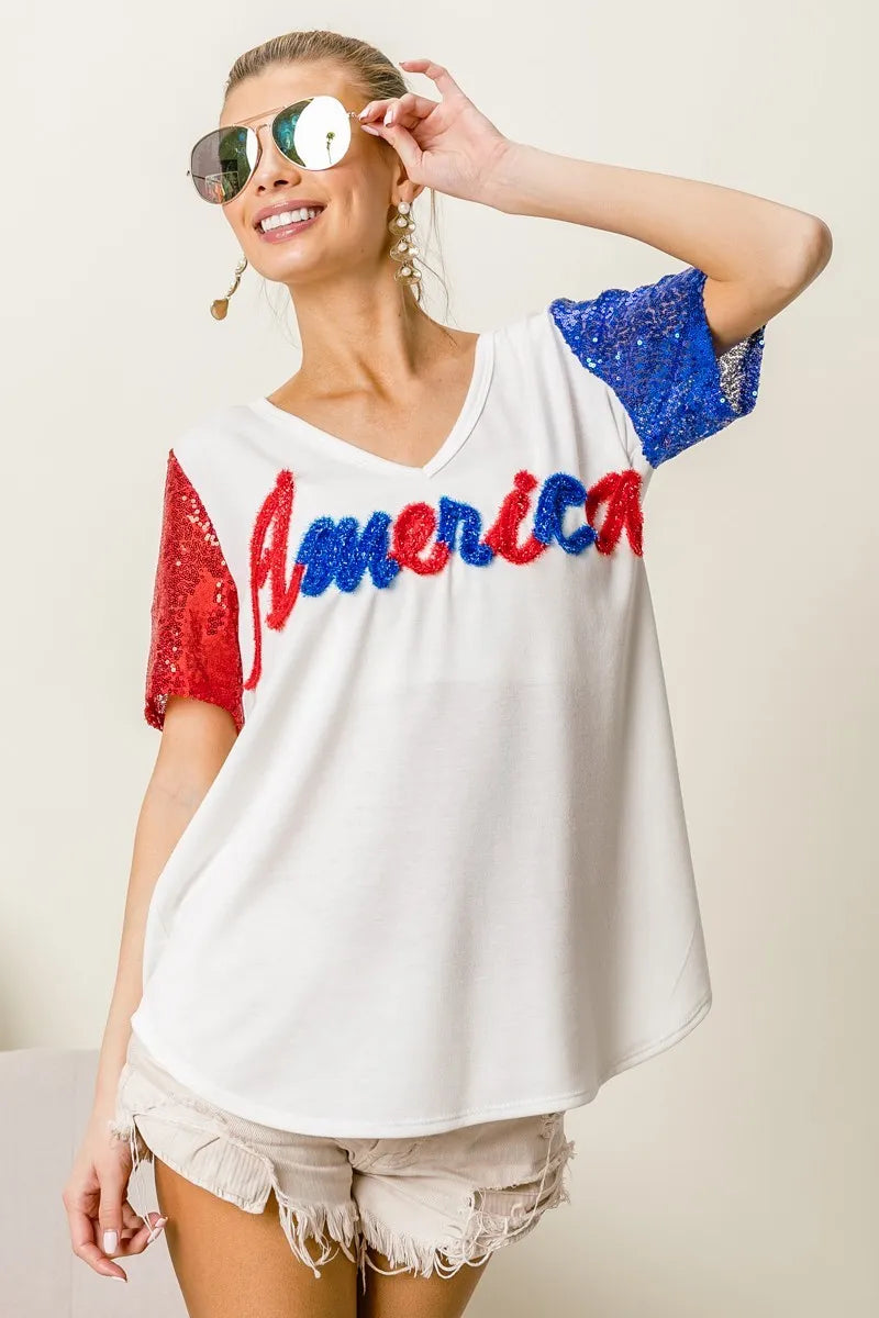 BiBi Metallic Letter V-Neck Sequin Sleeves Top for Women | Party Wear, Club Outfit, Evening Dress, Special Occasion Fashion