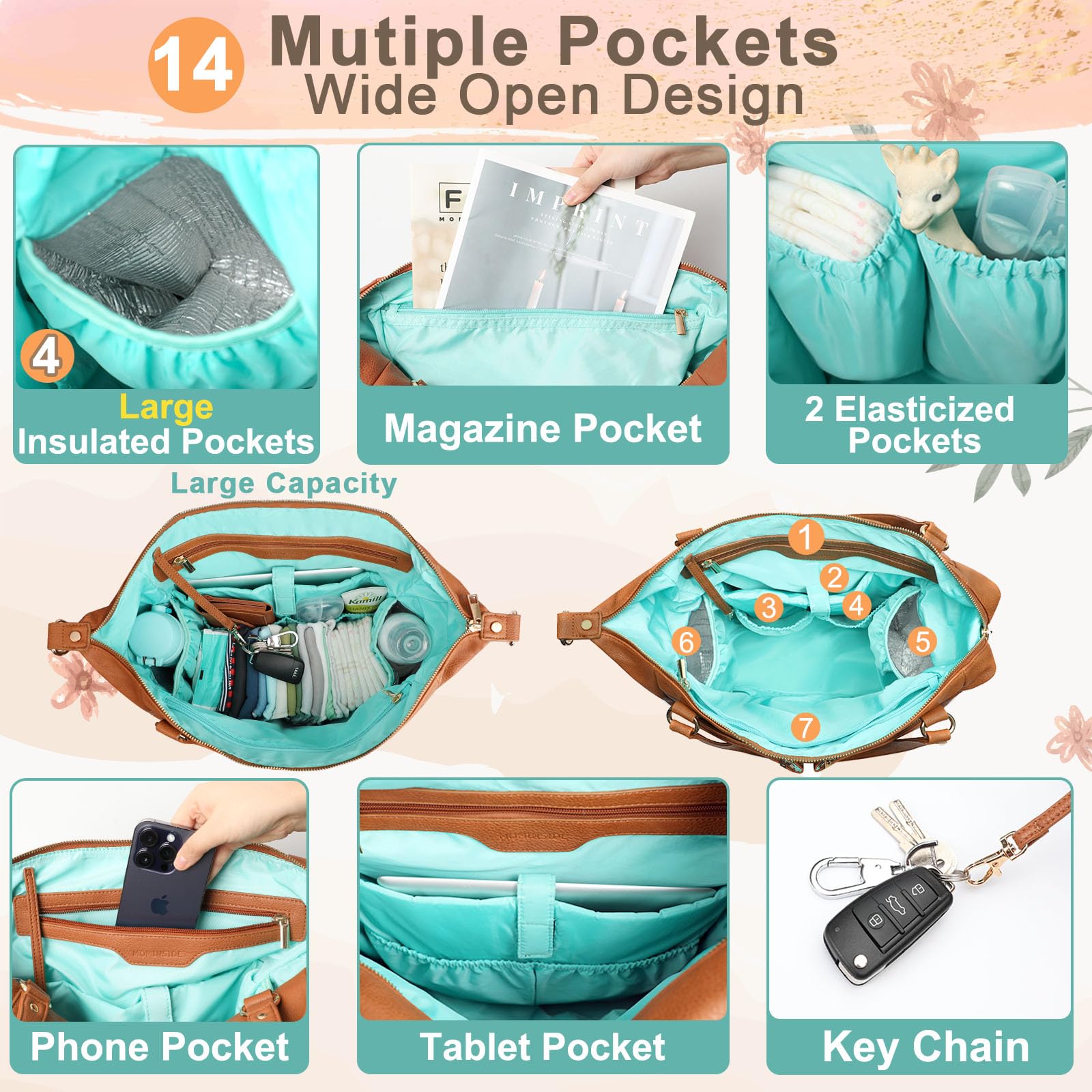 MOMINSIDE Leather Diaper Bag Backpack - Large Waterproof Baby Tote with Insulated Cup Holders & Stroller Organizer for Moms & Dads - Perfect for Travel, Daycare & Family Outings (Brown)