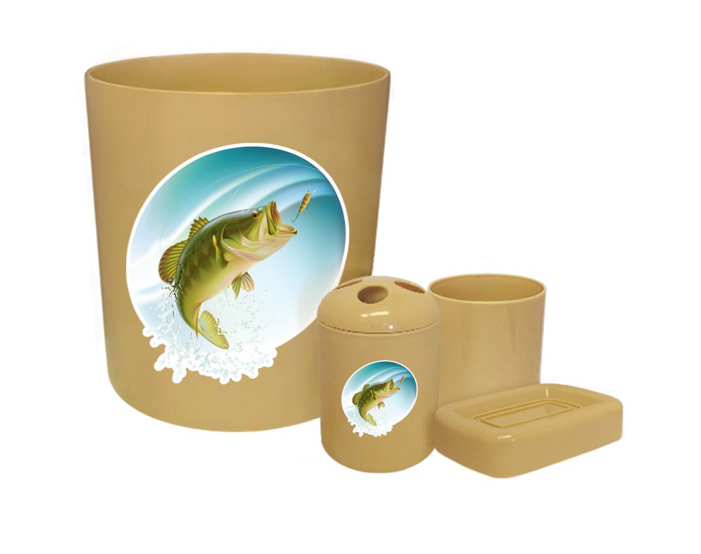 4-Piece Beige Bathroom Accessories Set with Bass Fish Design - Perfect for Coastal, Nautical & Fishing Theme Bathroom Decor