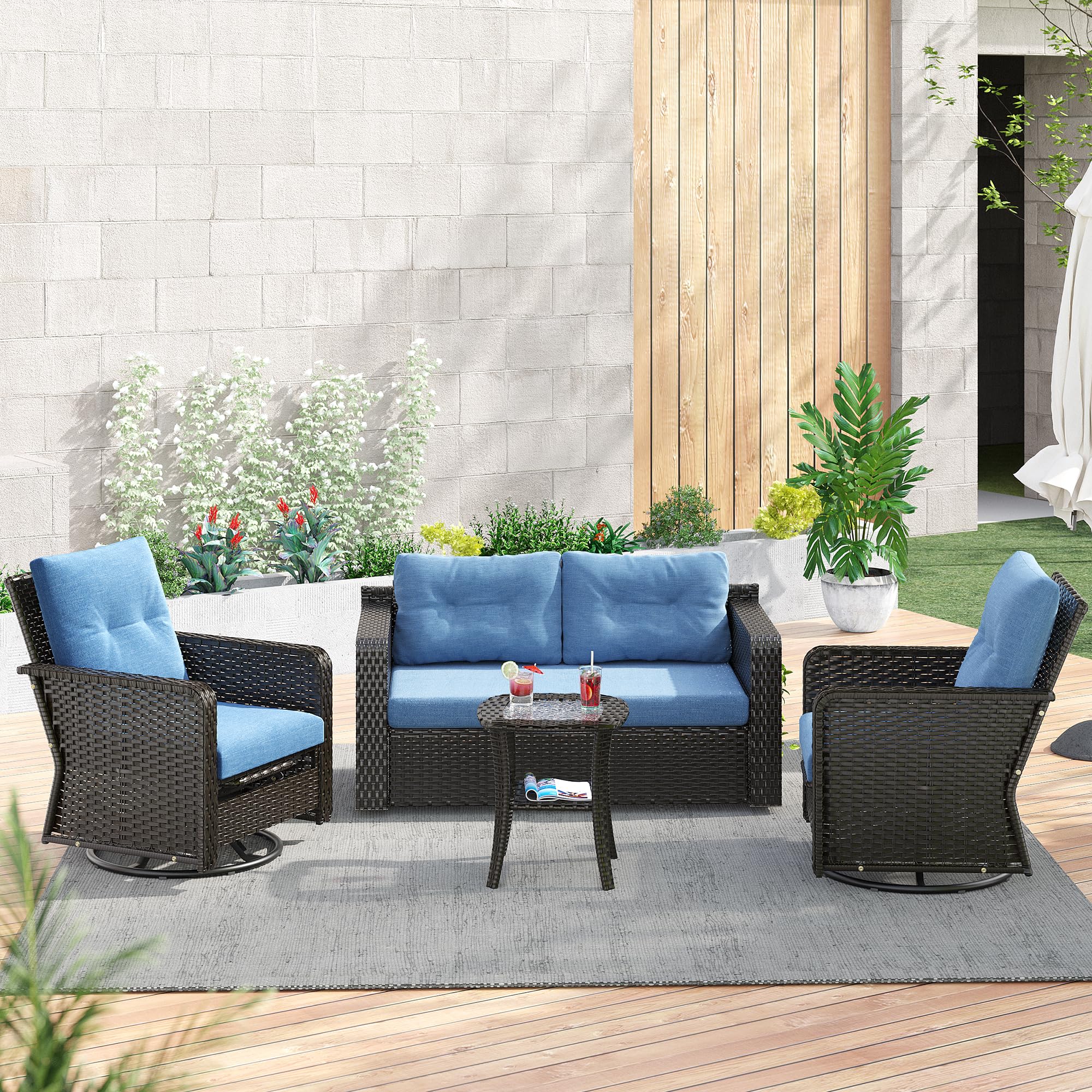 4-Seat Outdoor Patio Furniture Set with 2 Padded Rocking Chairs & Wicker Sofa - Blue Cushion for Backyard, Garden, Poolside Relaxation and Conversation