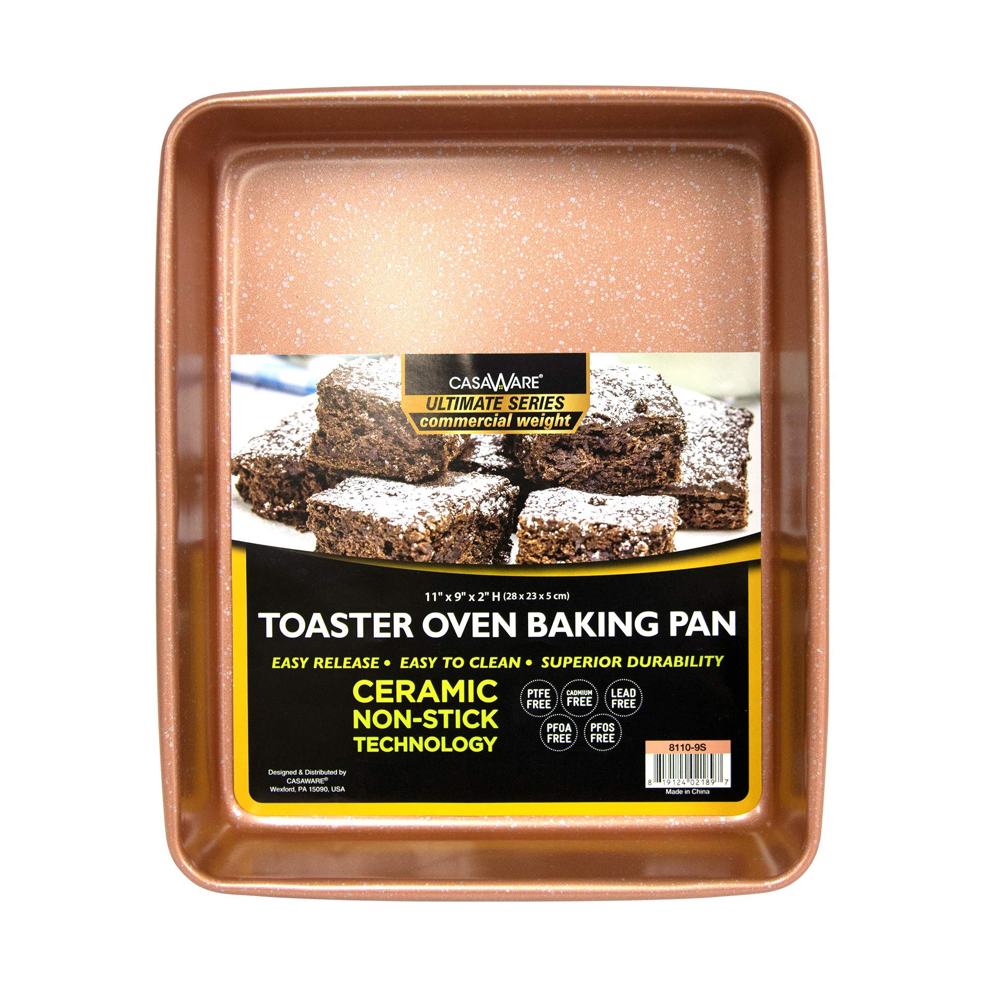casaWare 11 x 9 x 2-inch Commercial Toaster Oven Baking Pan - Ceramic Non-Stick Coating, Heavy Duty, Rose Gold Granite Finish - Perfect for Baking, Roasting & Broiling in Toaster Ovens
