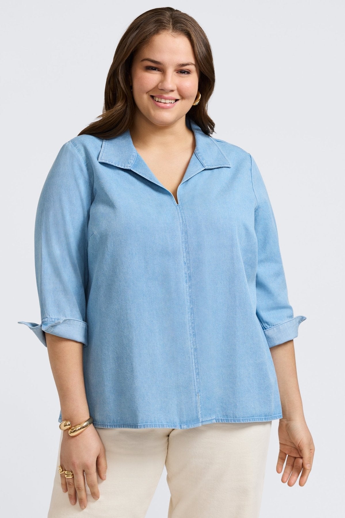 Agnes Plus Women's Tencel® Denim 3/4 Sleeve Popover Shirt - Soft Stretch Eco-Friendly Blouse for Casual Wear & Office Outfits