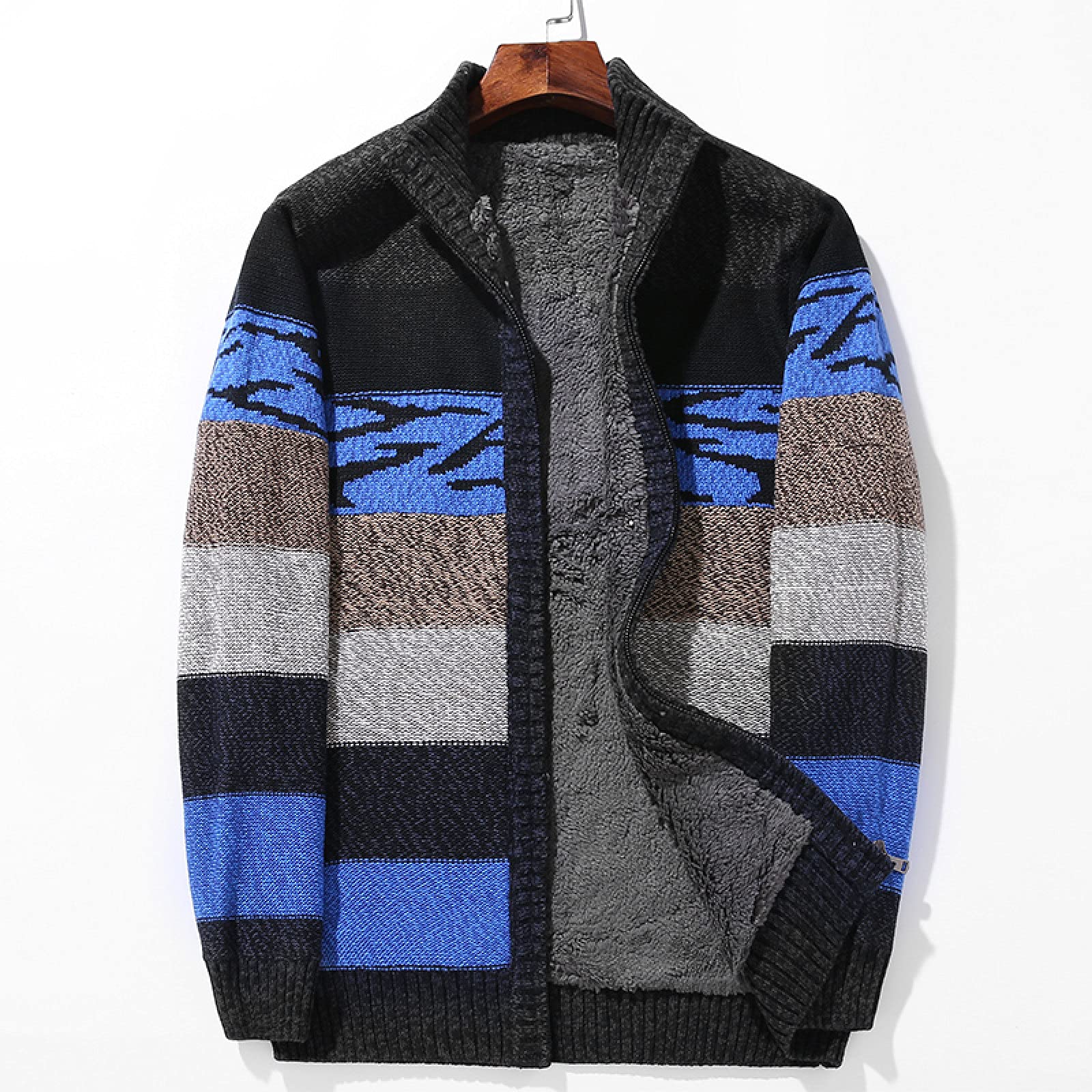 Globoko Men's Knitted Sweater Cardigan - Thick Fleece-Lined Warm Blue Coat Jacket with Stripes for Plus Size | Winter Casual Wear & Outdoor Activities