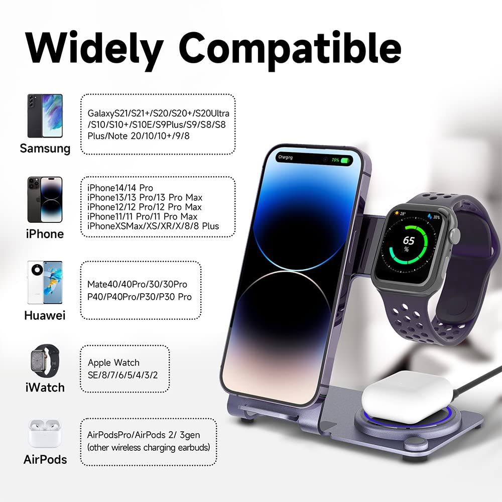 3-in-1 Aluminum Alloy Wireless Charging Station for iPhone 15/14/13/12/11 Pro Max, Apple Watch Series 8/7/6/SE/5/4, AirPods Pro/3/2 - Fast Qi Wireless Charger Pad for Bedside, Office & Travel