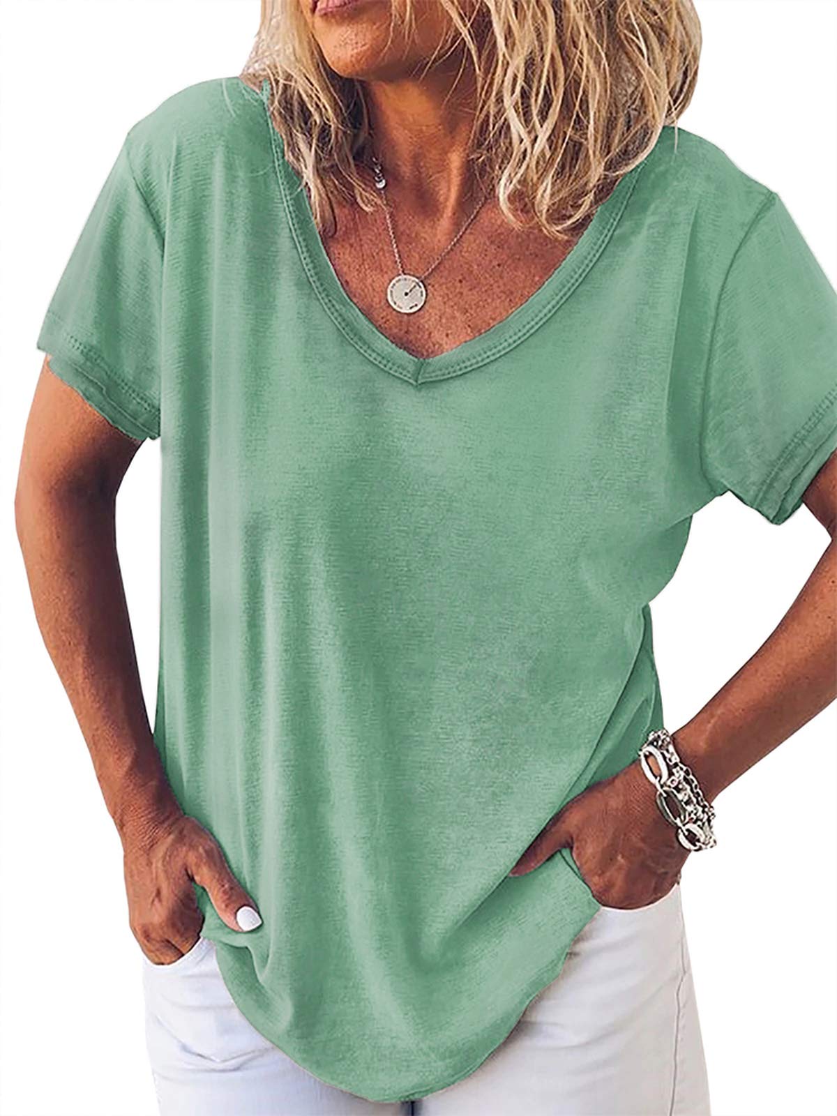 Soulomelody Women's Short Sleeve V-Neck Cotton T-Shirt - Summer Loose Casual Basic Top for Everyday Wear, Outfits & Travel