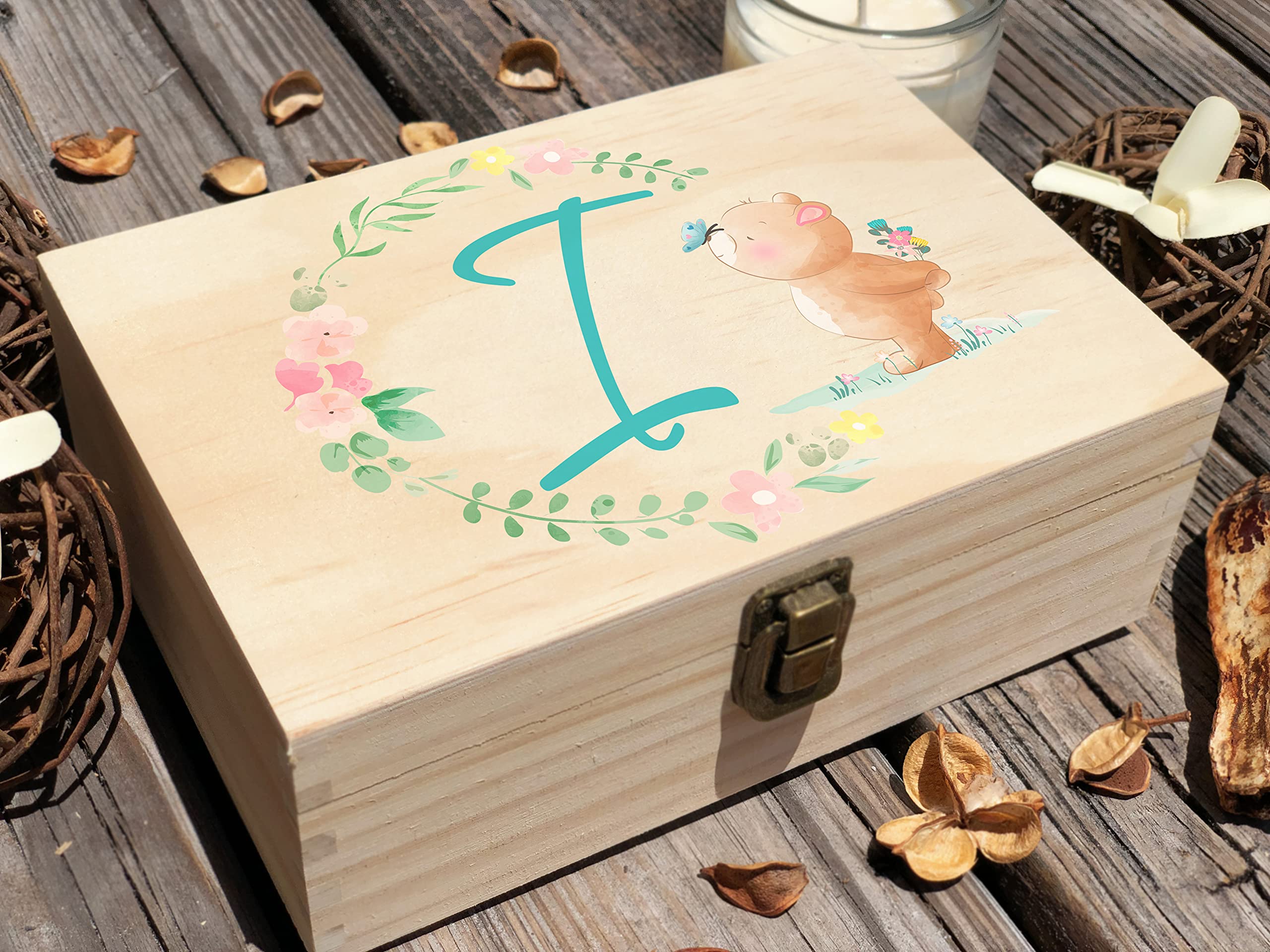 Personalized Baby Keepsake Box - Initial I Wooden Memory Box for Kids | First Christmas & Birthday Gift